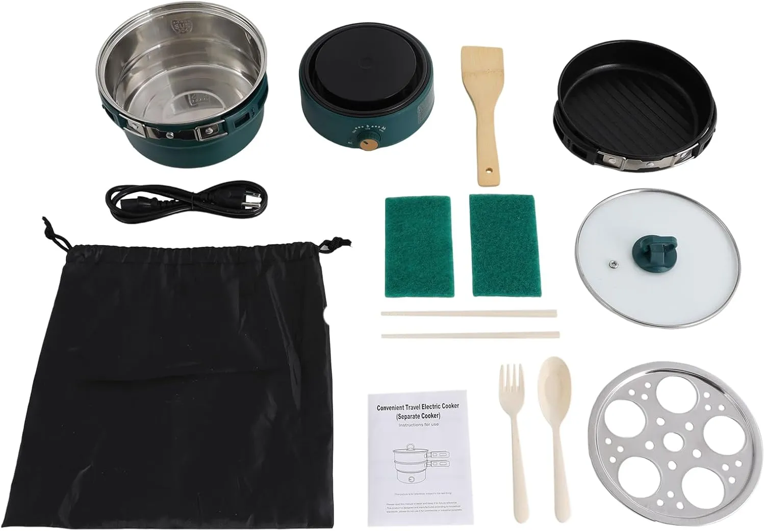 500W Portable Electric Hot Pot with Foldable Handles, Non-stick Frying Pan, Mini Hot Pot, Multi-Functional Ramen Noodle Cooker Power Adjustment, Breakfast Masker Stand for Steaks (Green)