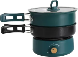 500W Portable Electric Hot Pot with Foldable Handles, Non-stick Frying Pan, Mini Hot Pot, Multi-Functional Ramen Noodle Cooker Power Adjustment, Breakfast Masker Stand for Steaks (Green)