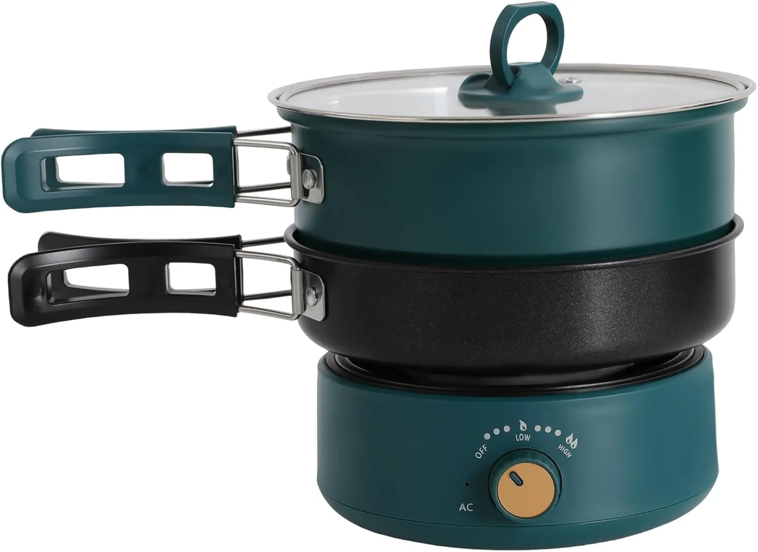 500W Portable Electric Hot Pot with Foldable Handles, Non-stick Frying Pan, Mini Hot Pot, Multi-Functional Ramen Noodle Cooker Power Adjustment, Breakfast Masker Stand for Steaks (Green)