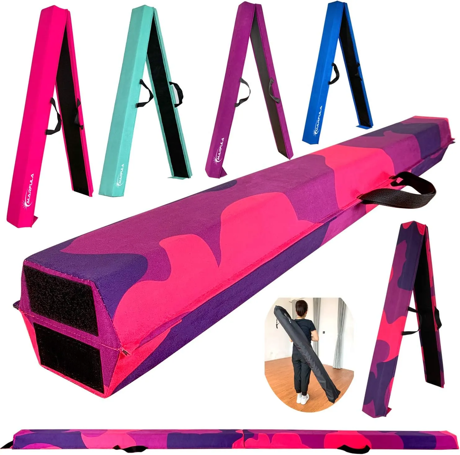 6 FT / 8 FT / 9 FT Folding Gymnastics Beam Foam Balance Floor Beam - Extra Firm - Suede Cover - Anti Slip Bottom with Carry Bag for Kids/Adults Home Use