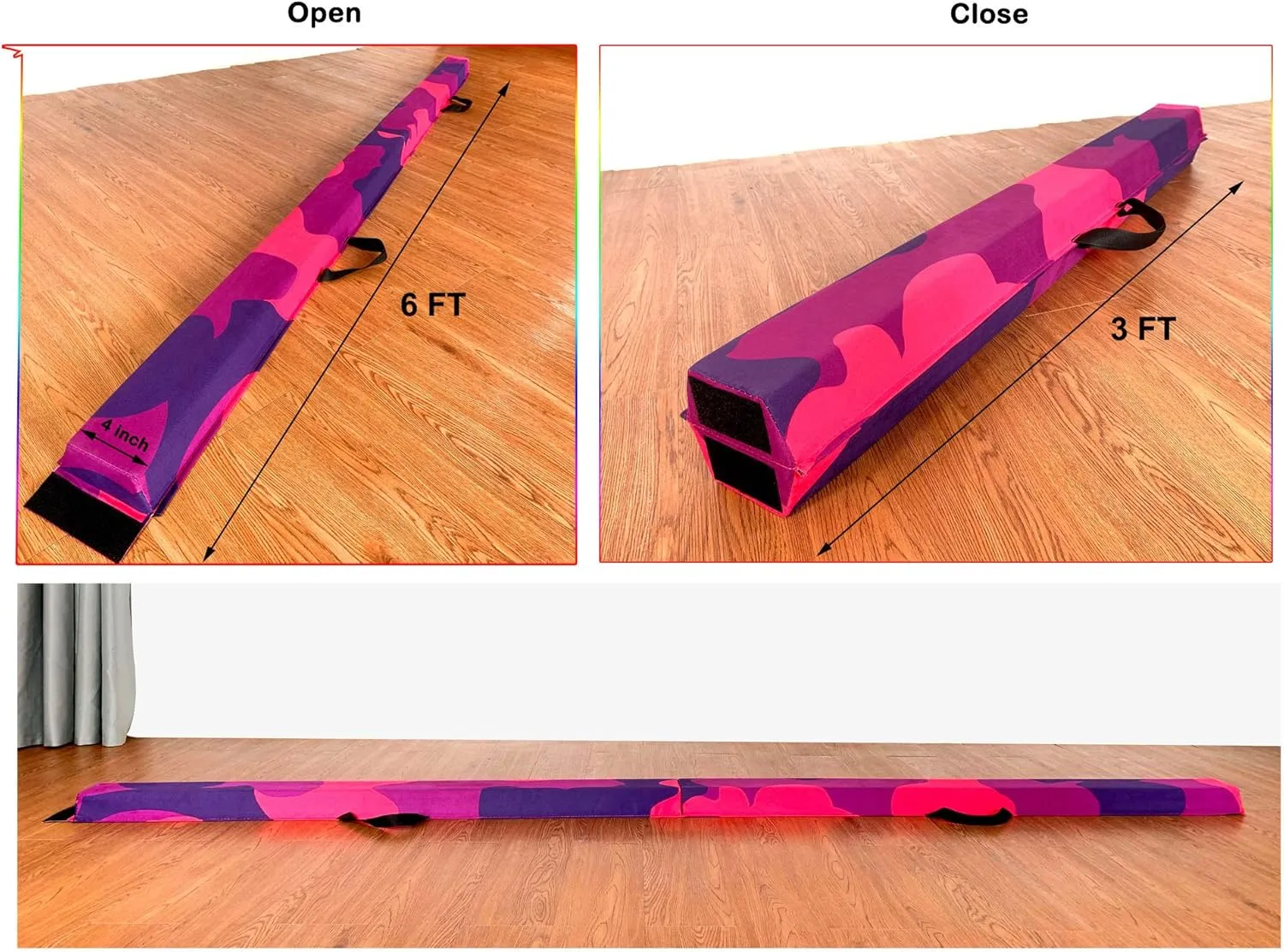 6 FT / 8 FT / 9 FT Folding Gymnastics Beam Foam Balance Floor Beam - Extra Firm - Suede Cover - Anti Slip Bottom with Carry Bag for Kids/Adults Home Use