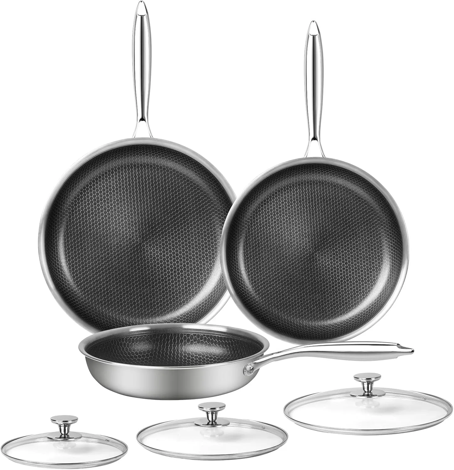 6 Piece Stainless Steel Frying Pan Set with Lids, Nonstick Honeycomb Frying Pan Set, 3pcs W/Stay Cool Handle, Skillet Works Pan for Cooking with Induction, Gas, Ceramic & Electric Stovetops