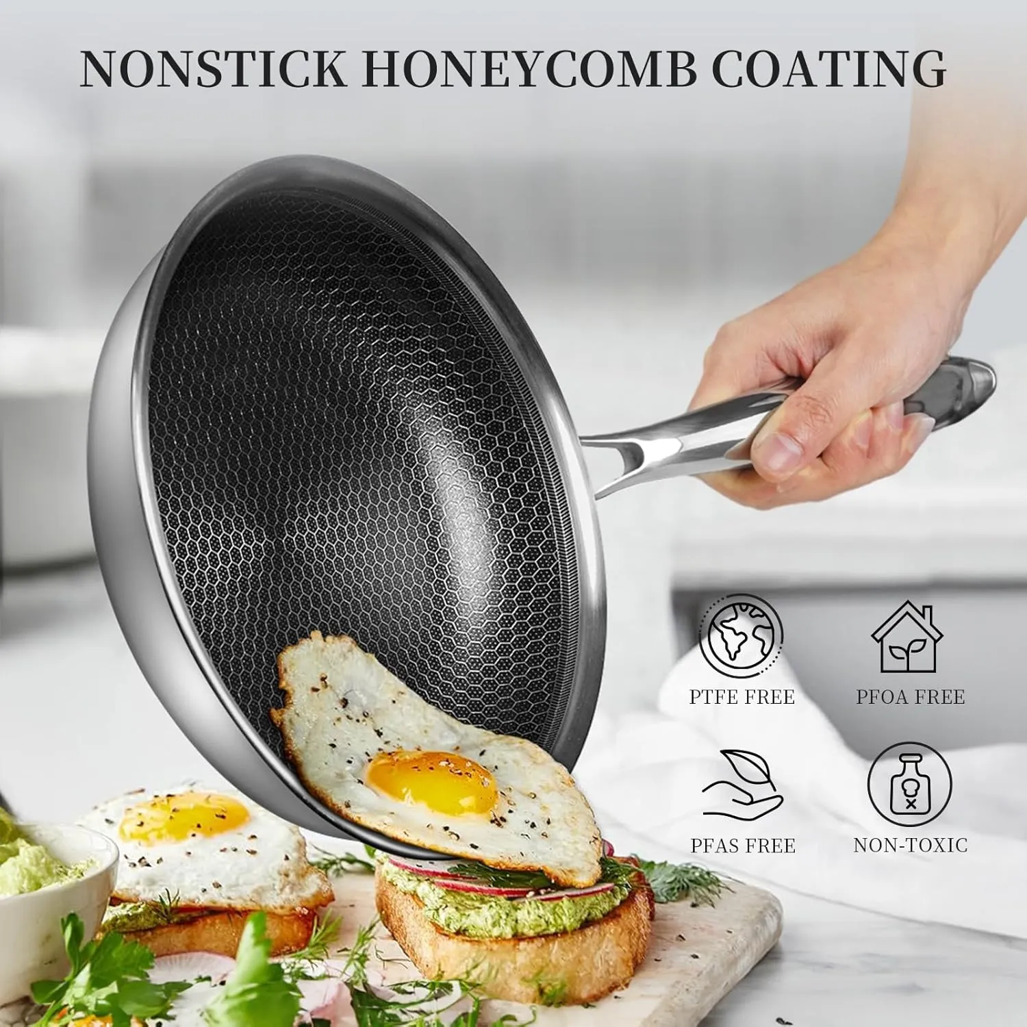 6 Piece Stainless Steel Frying Pan Set with Lids, Nonstick Honeycomb Frying Pan Set, 3pcs W/Stay Cool Handle, Skillet Works Pan for Cooking with Induction, Gas, Ceramic & Electric Stovetops