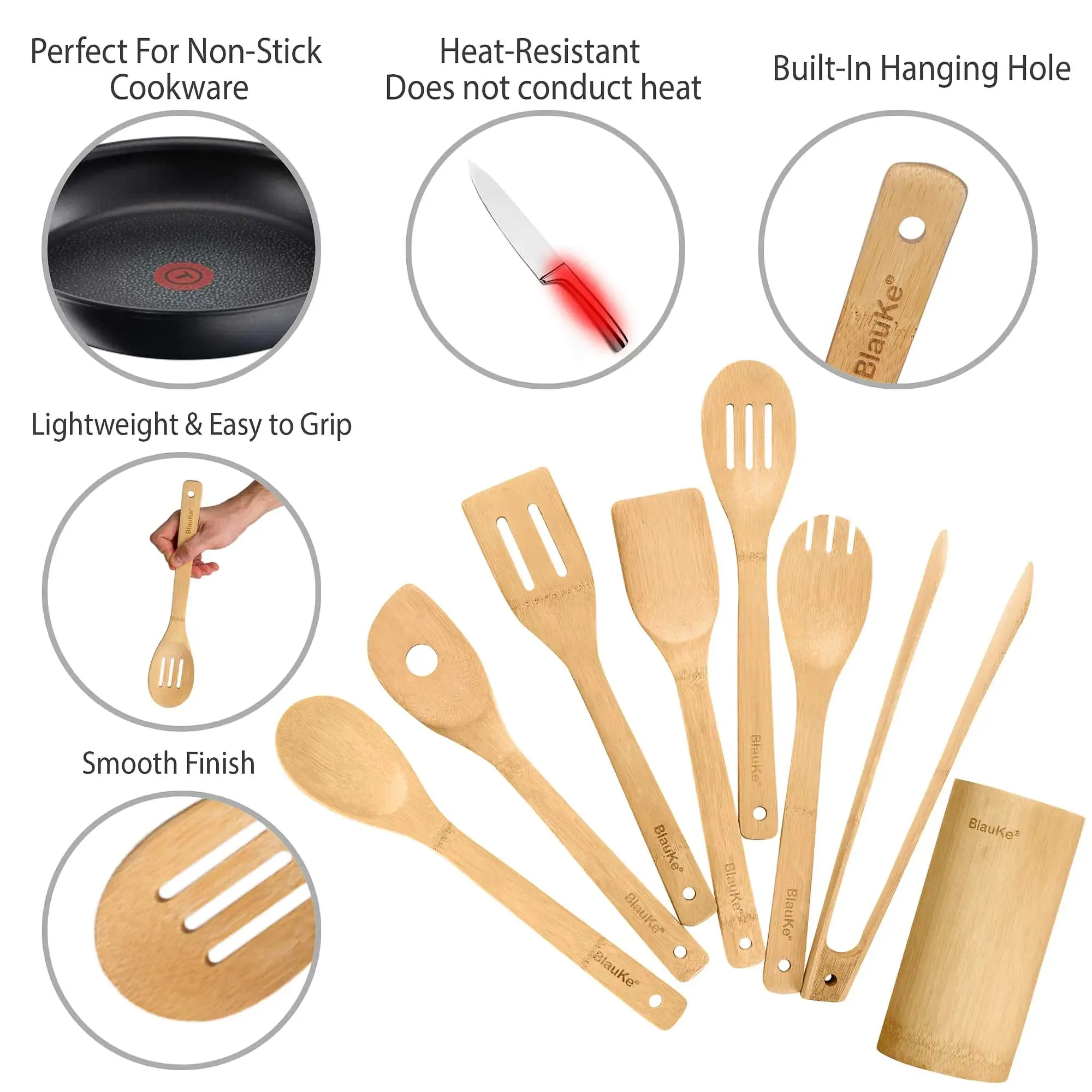 (8 Best-selling Set Bamboo Pack) Worth the price Utensils Kitchen