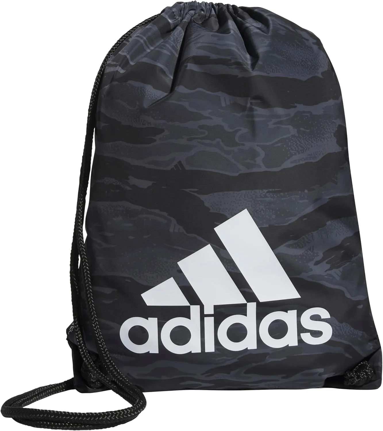 adidas Ready Sackpack, Drawstring Backpack for Women and Men, Lightweight Small Gym Bag, Essential Camo Black/White, One Size
