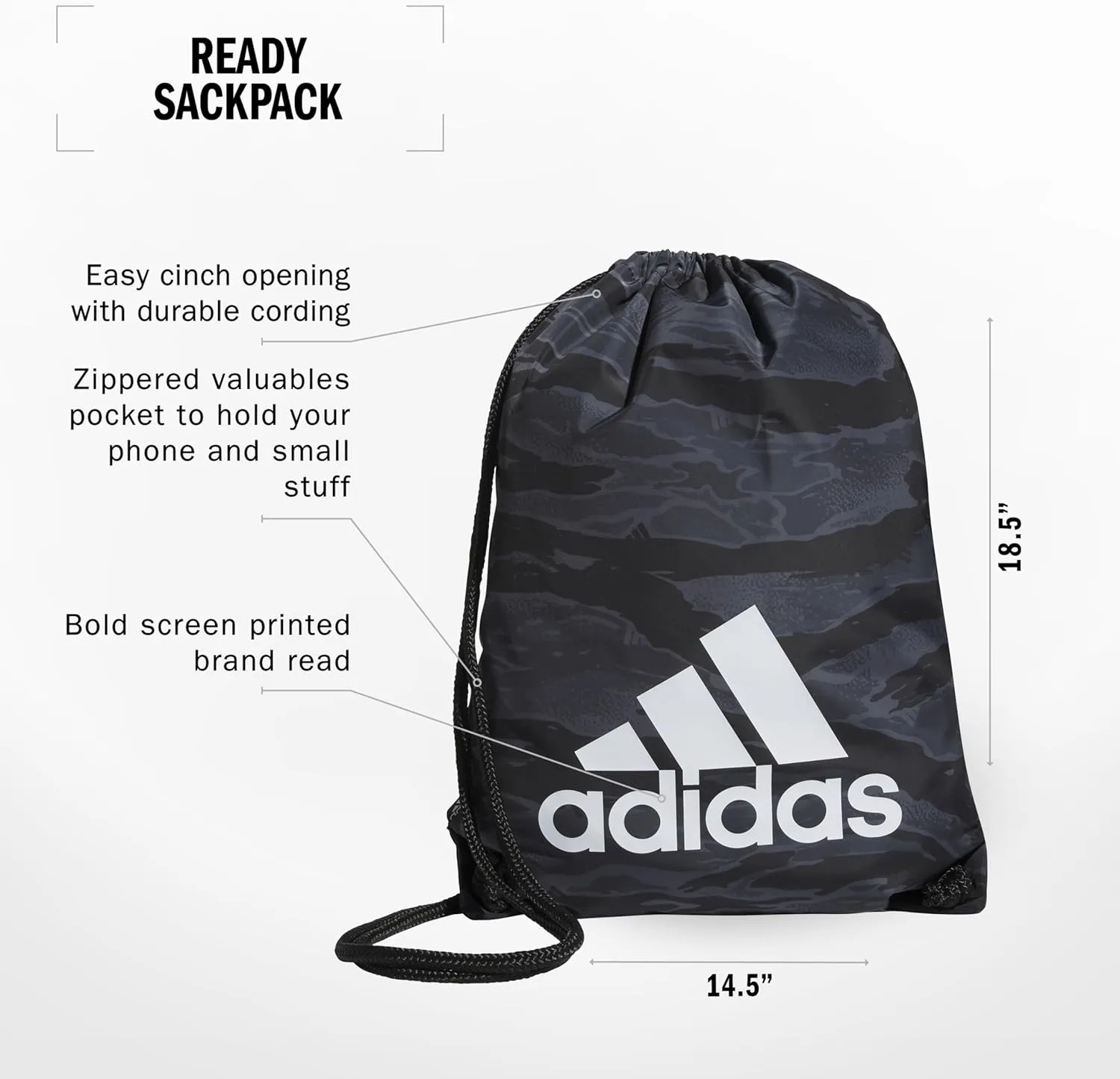 adidas Ready Sackpack, Drawstring Backpack for Women and Men, Lightweight Small Gym Bag, Essential Camo Black/White, One Size