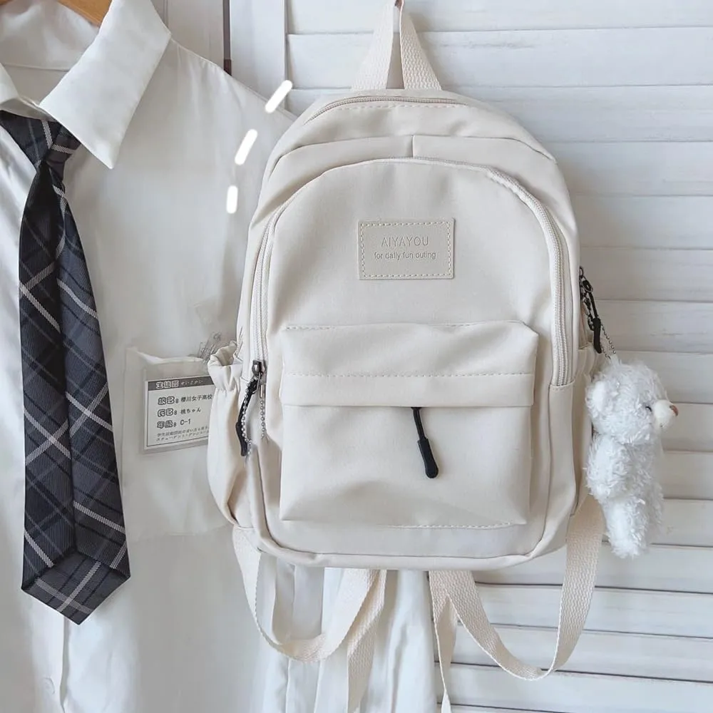 Aesthetic White Backpack for Adults Lightweight Book bag with Bear Pendant and Pins,White