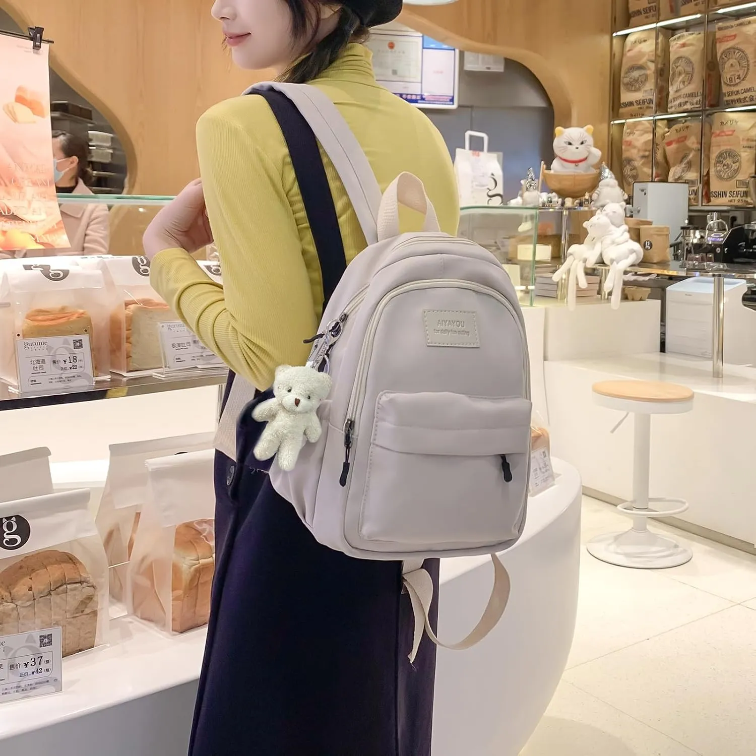 Aesthetic White Backpack for Adults Lightweight Book bag with Bear Pendant and Pins,White
