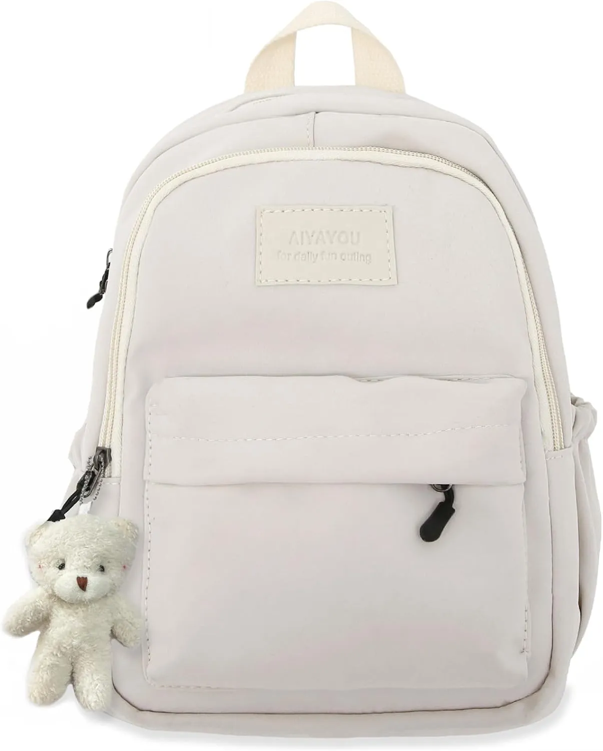 Aesthetic White Backpack for Adults Lightweight Book bag with Bear Pendant and Pins,White