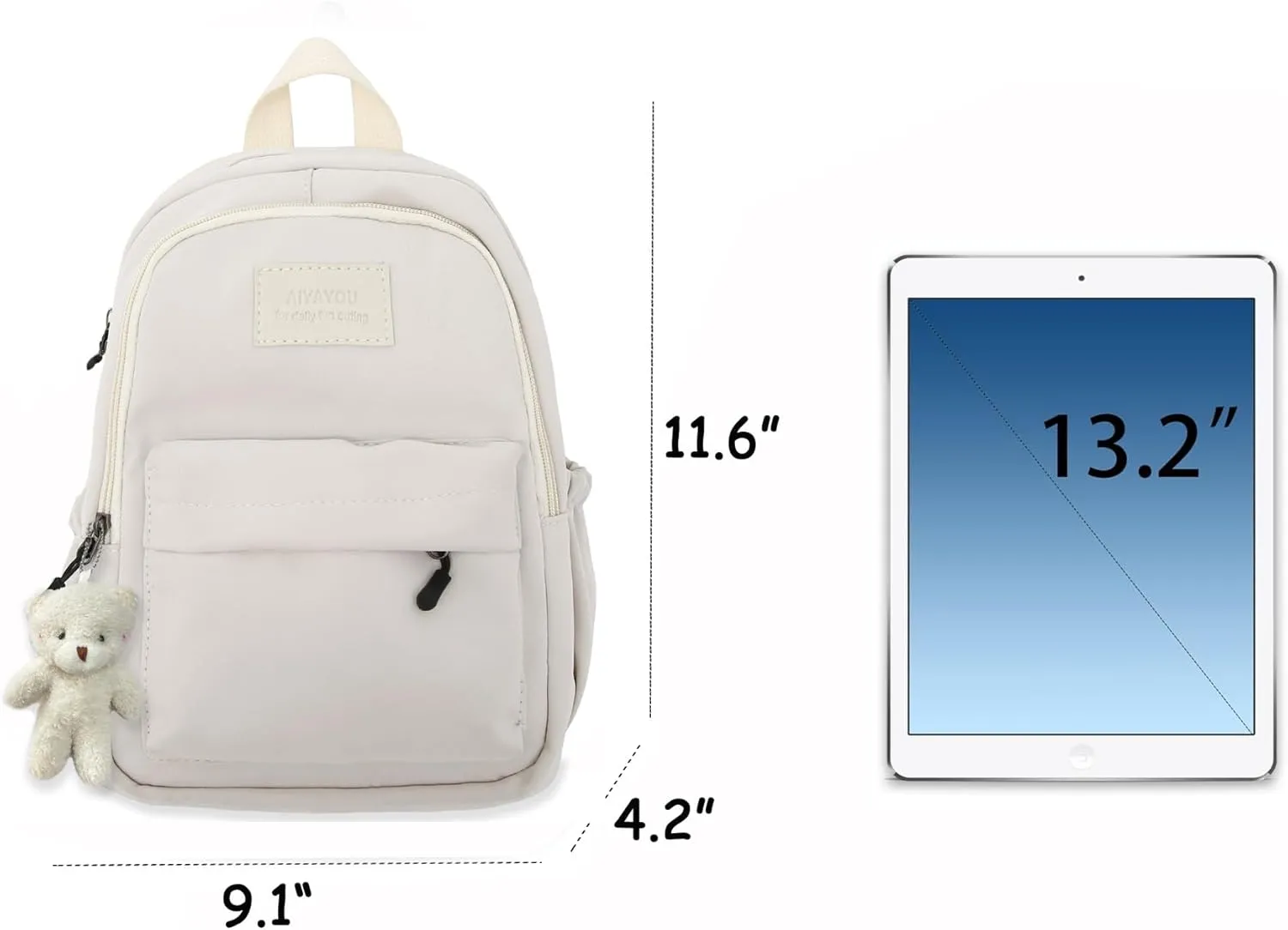 Aesthetic White Backpack for Adults Lightweight Book bag with Bear Pendant and Pins,White