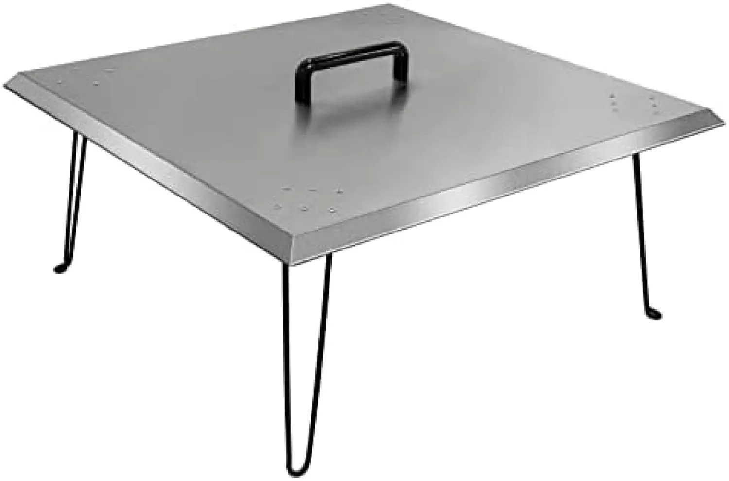 AHLOKI Square Modern Stainless Steel Fire Pit Cover, 30 x 30 x 13 Inch, 430 Stainless Steel, Foldable Legs, Handle, Heat Deflector