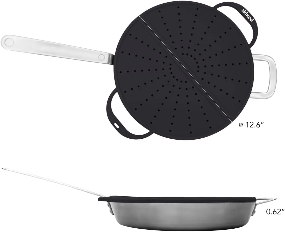 AirHood Silicone Splatter Screen – Foldable Grease Guard for Frying Pans & Induction Cookers – Heat-Resistant, BPA-Free, Dishwasher Safe, 2-in-1 Trivet & Splatter Screen - Black
