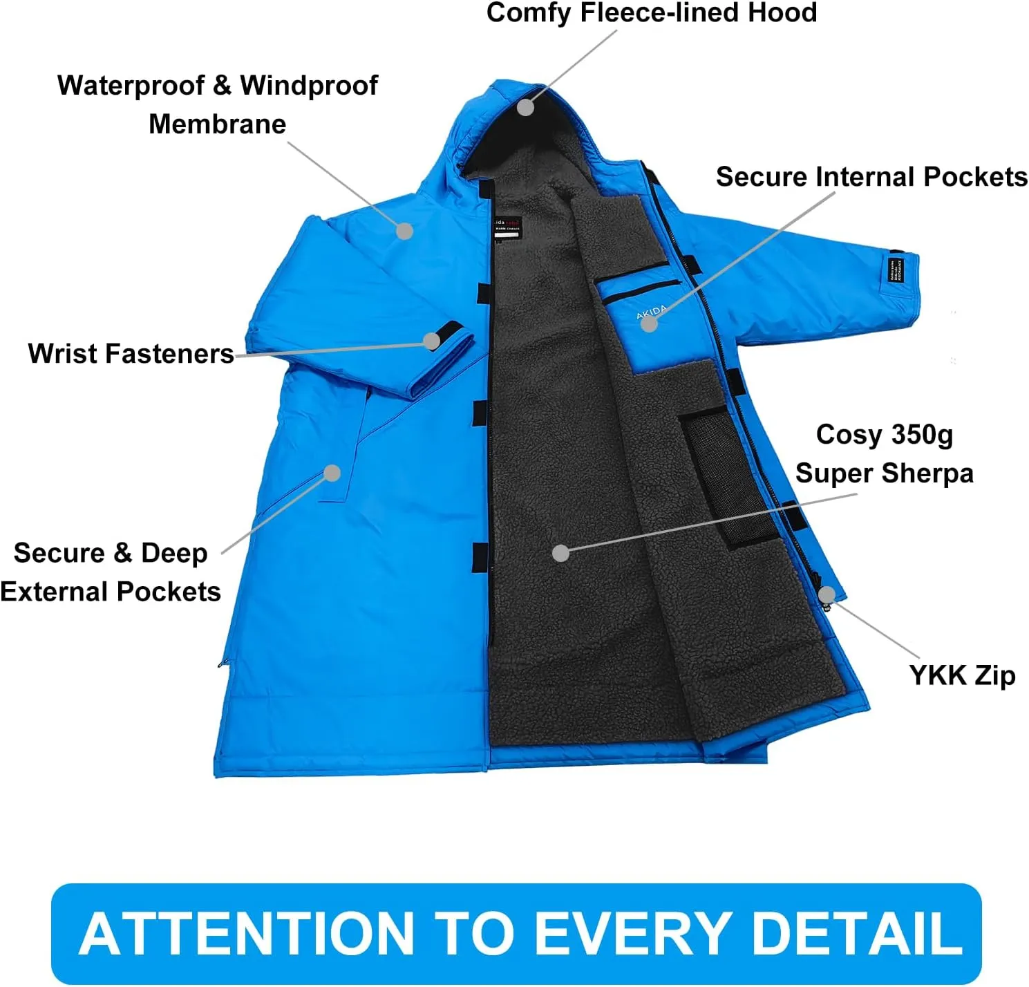 Akida Oversized Changing Robe/Swim Parka,Waterproof Surf Poncho Warm Coat Jacket,Quick Dry Wetsuit Changing Towel.