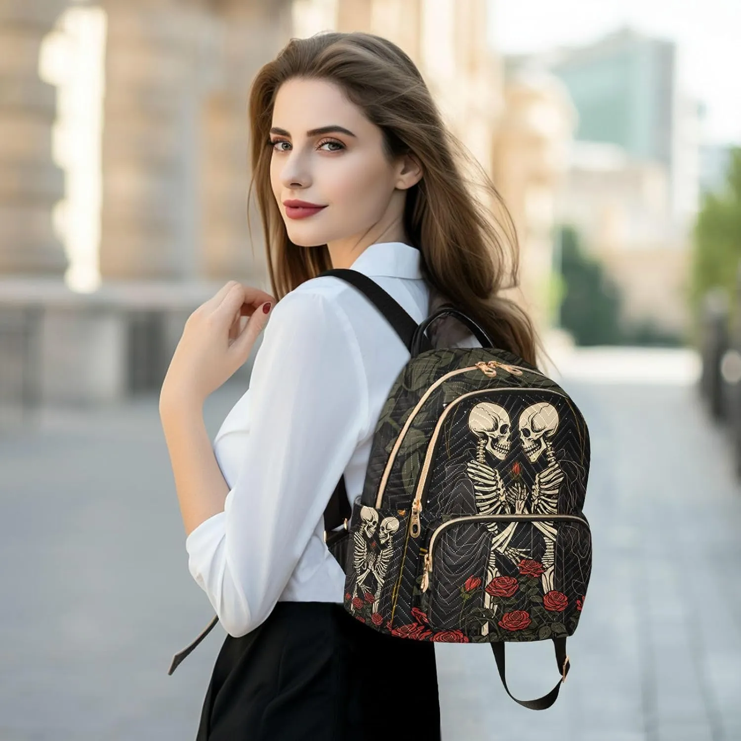 ALAZA Skull in Love with Roses Flowers Mini Backpack Purse for Women Travel Bag Lightweight Shoulder Bag Fashion Daypack