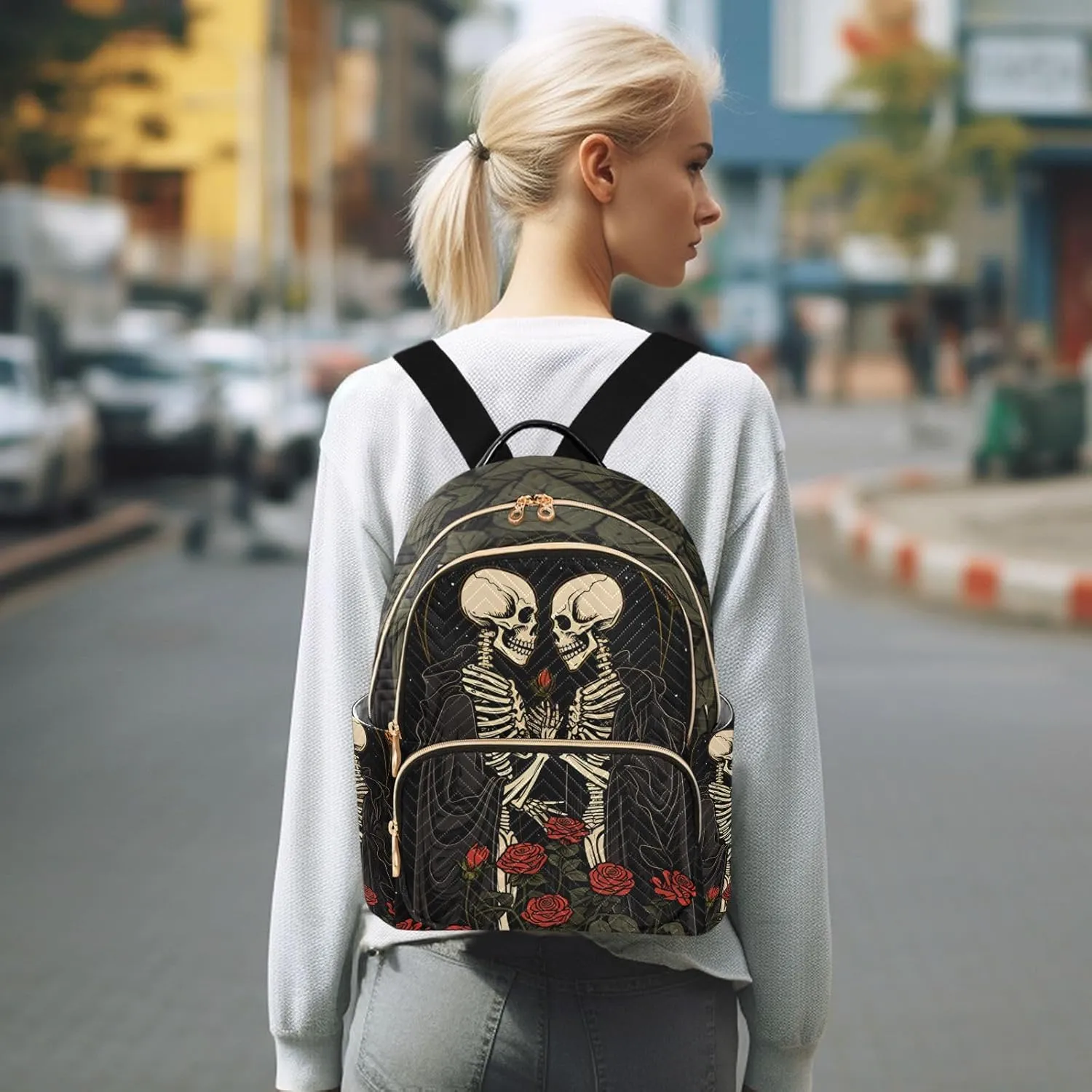 ALAZA Skull in Love with Roses Flowers Mini Backpack Purse for Women Travel Bag Lightweight Shoulder Bag Fashion Daypack