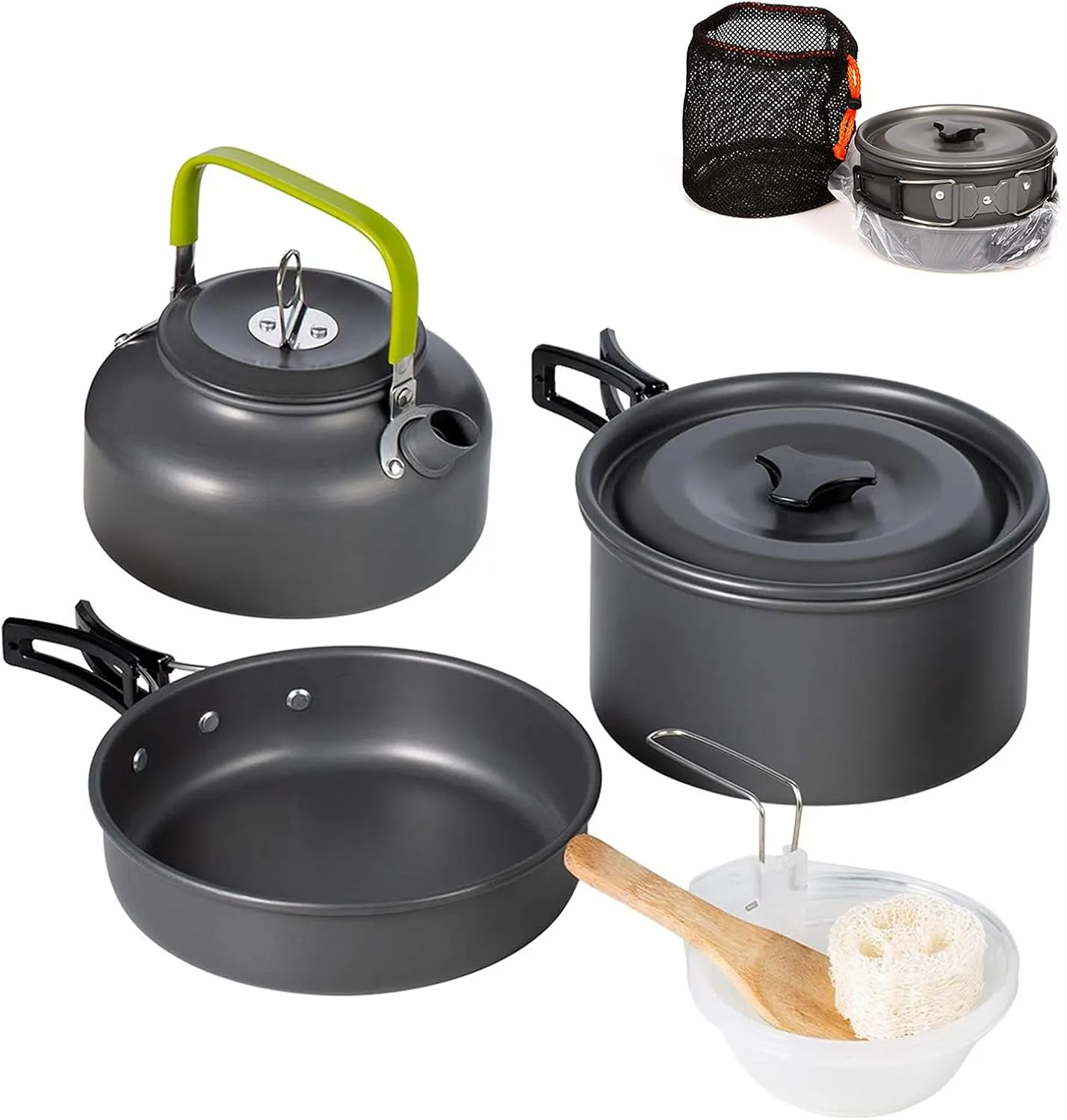 Aluminum Outdoor Camping Cookware Set, Folding Cookset Camping Teapot and Pans Set Equipment，Lightweight Pots, Pans with Mesh Set Bag for Backpacking, Hiking, Picnic