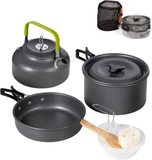 Aluminum Outdoor Camping Cookware Set, Folding Cookset Camping Teapot and Pans Set Equipment，Lightweight Pots, Pans with Mesh Set Bag for Backpacking, Hiking, Picnic