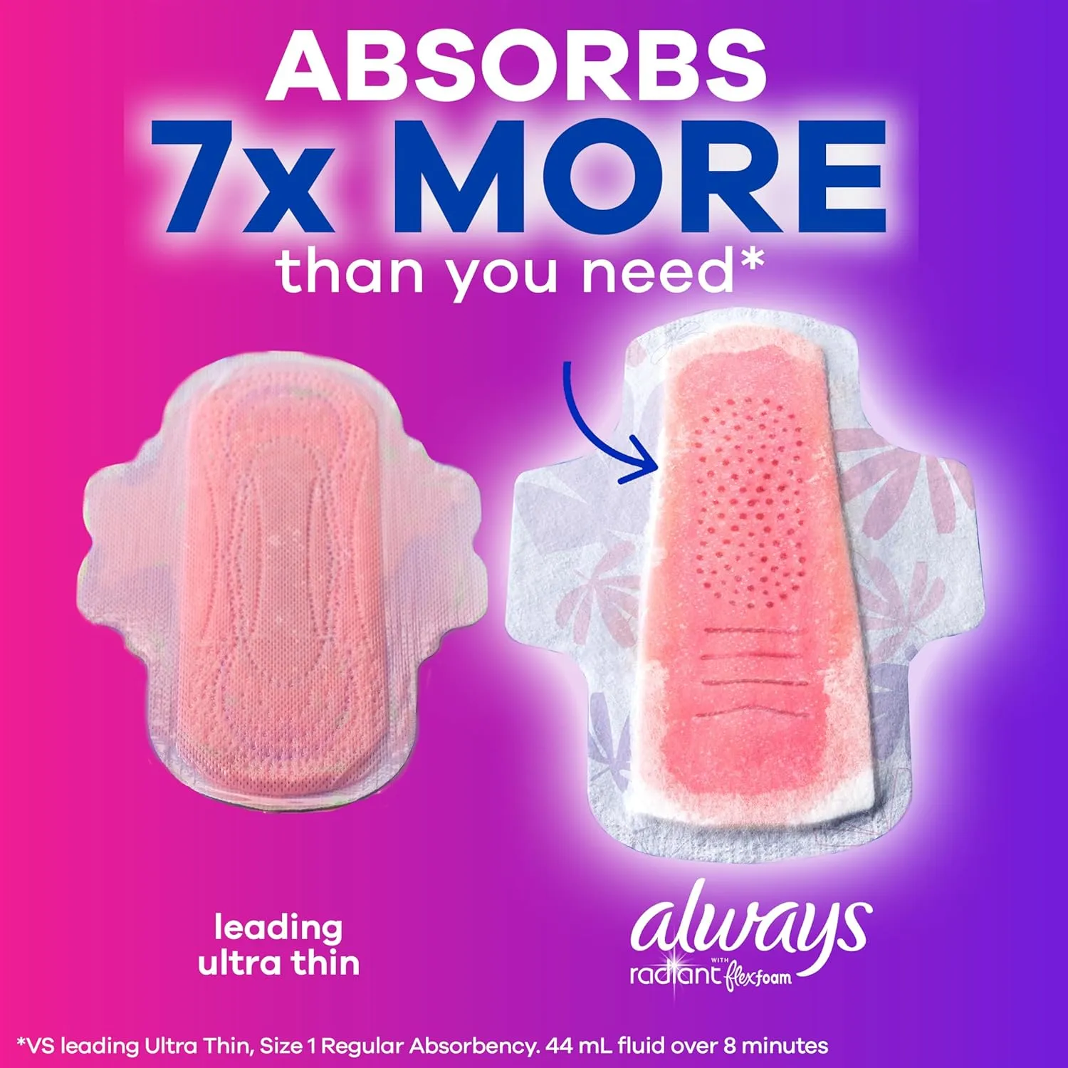 Always Radiant Feminine Pads for Women, Flexfoam Pads with Wings, Size 2, Heavy Absorbency, Lightly Scented, 36 Count (Packaging May Vary)