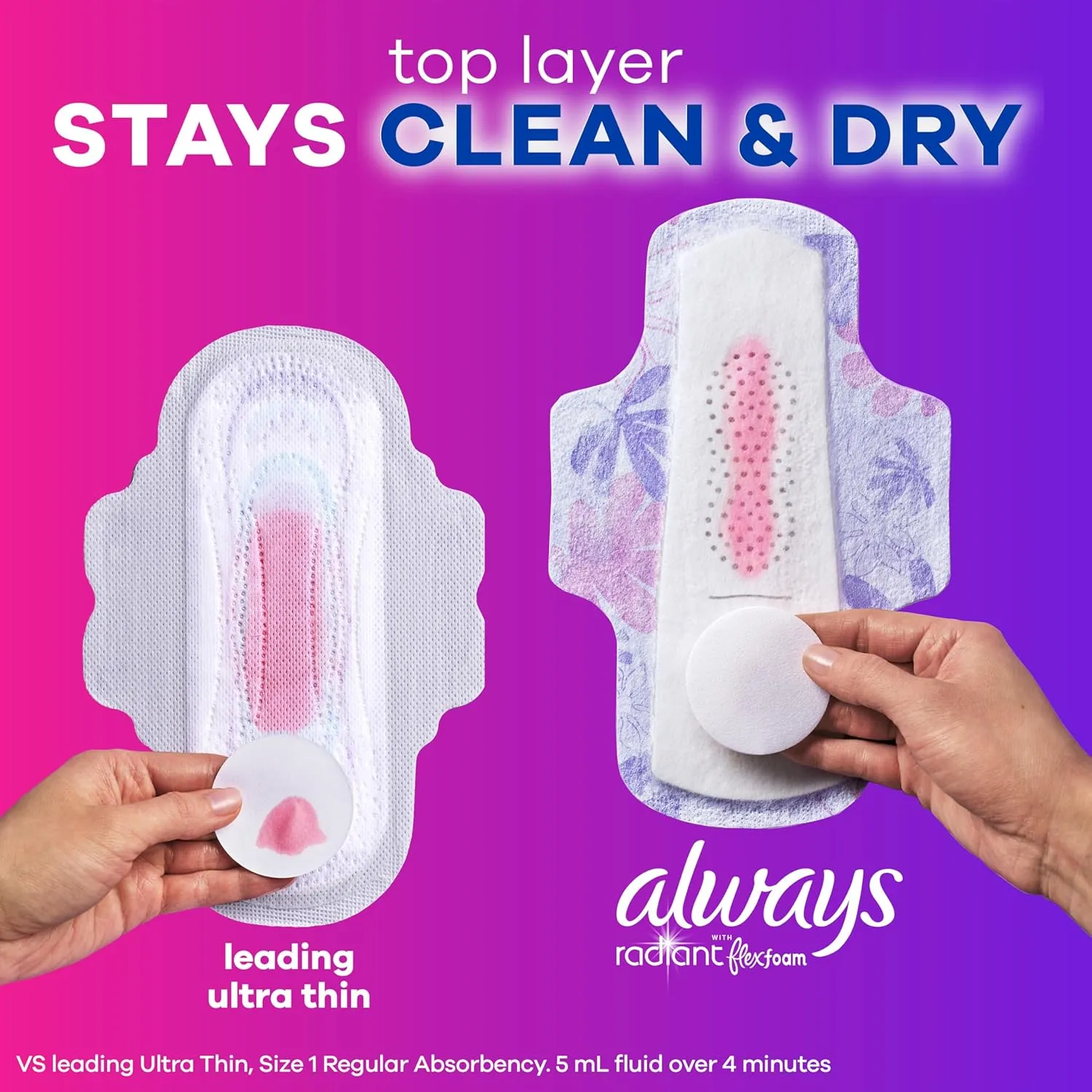 Always Radiant Feminine Pads for Women, Flexfoam Pads with Wings, Size 2, Heavy Absorbency, Lightly Scented, 36 Count (Packaging May Vary)