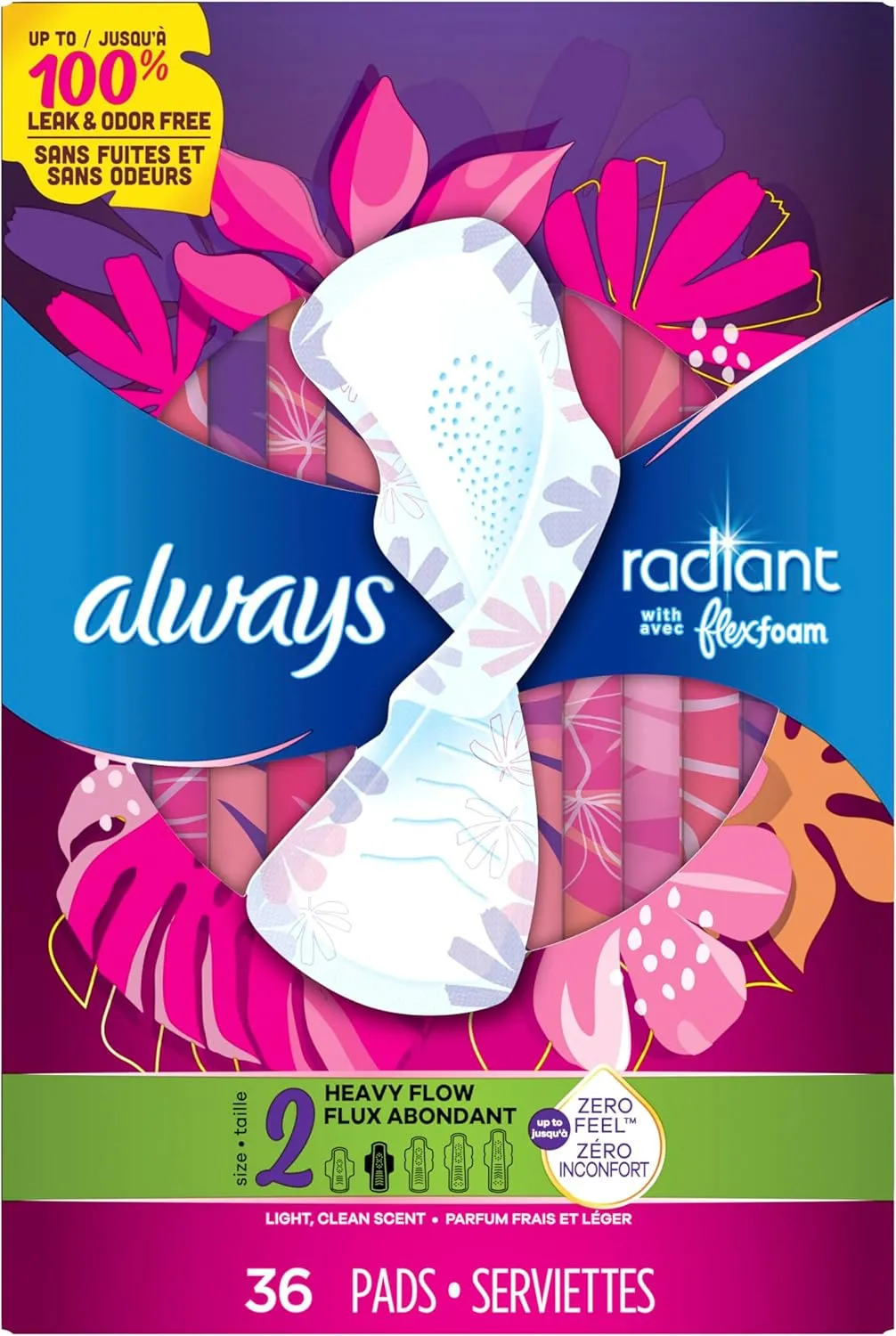 Always Radiant Feminine Pads for Women, Flexfoam Pads with Wings, Size 2, Heavy Absorbency, Lightly Scented, 36 Count (Packaging May Vary)