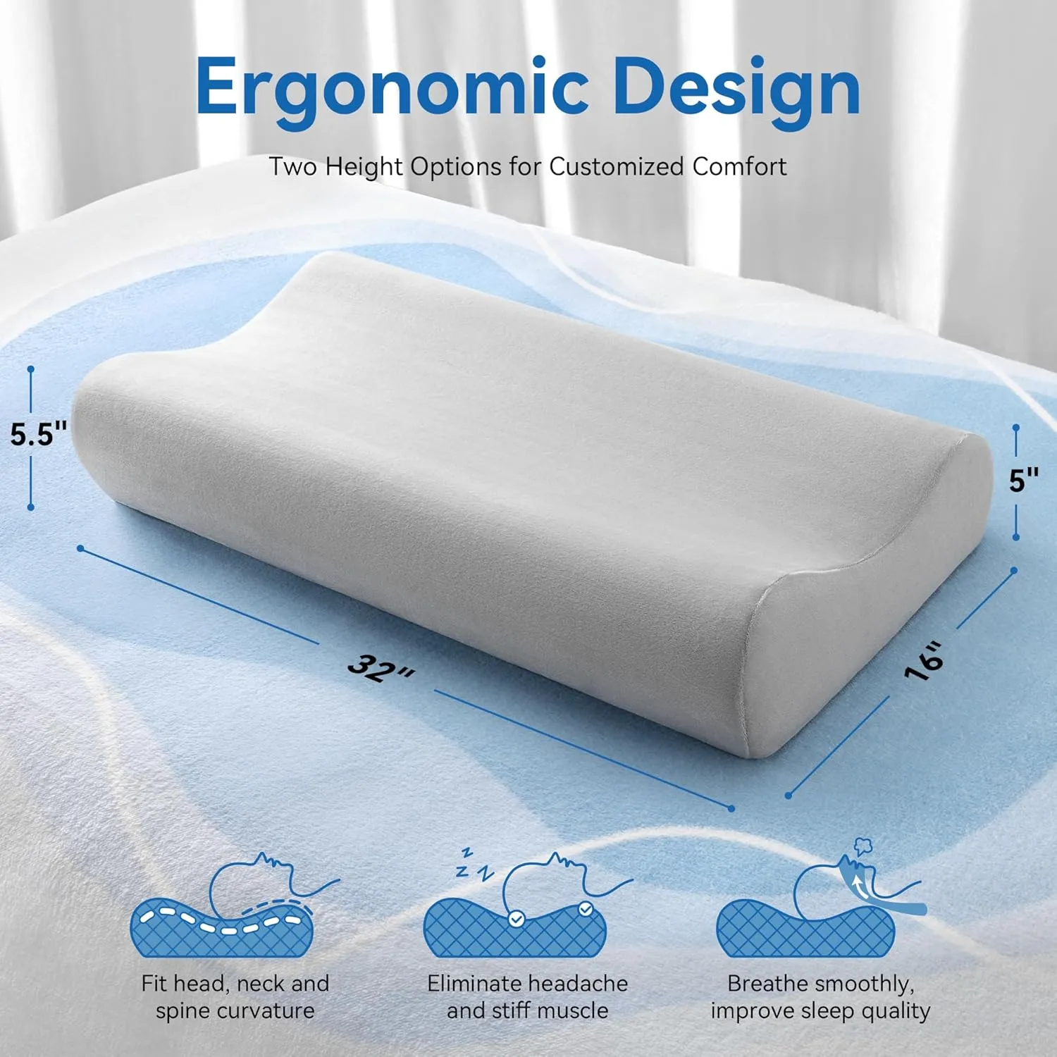 AM AEROMAX 32" King Size Contour Memory Foam Pillow, Neck Pillow for Neck Pain Relief, Neck Orthopedic Sleeping Pillows for Side, Back and Stomach Sleepers(Grey,Velvet)
