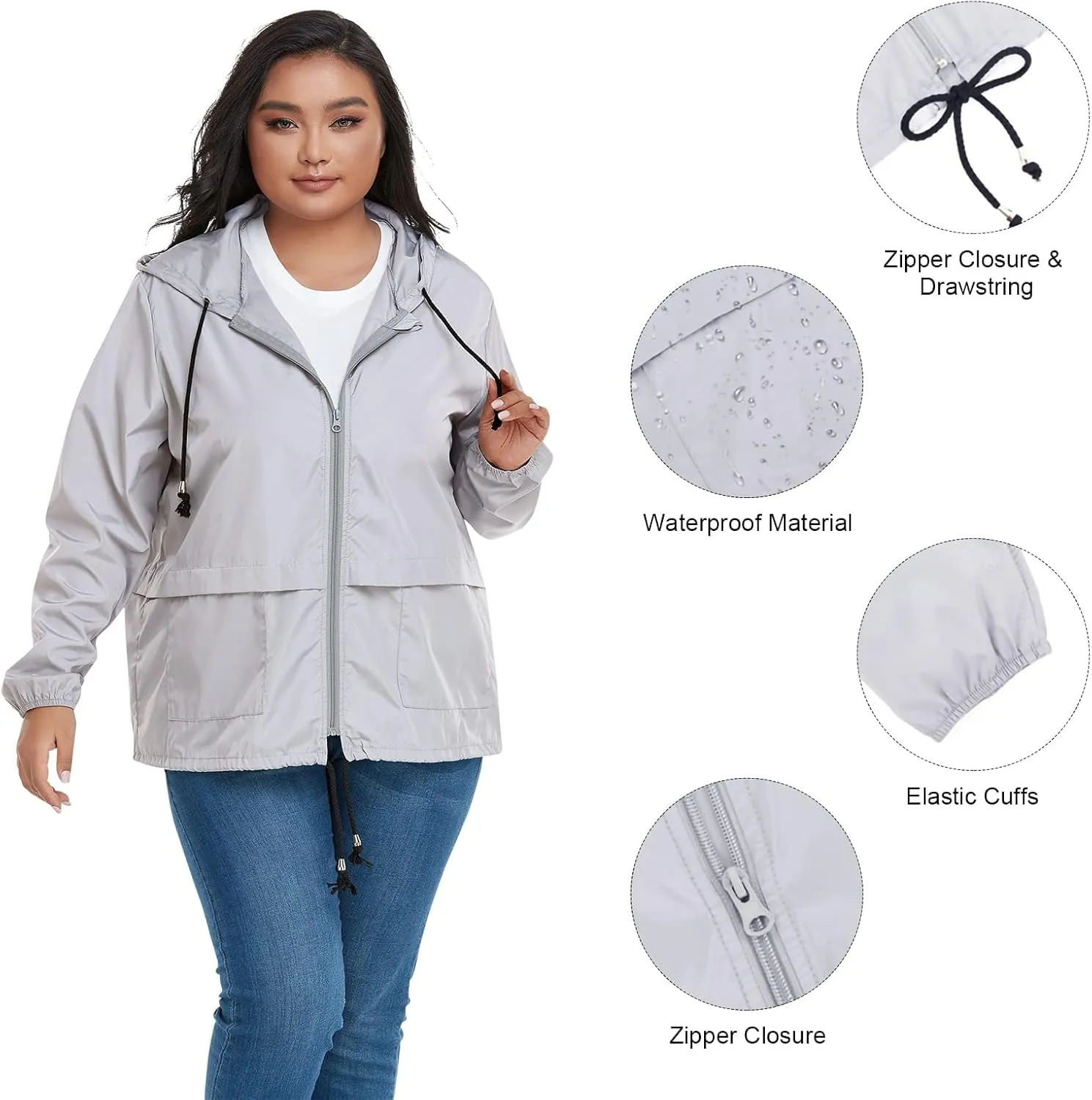 American Trends Women Plus Size Light RainCoat Jackets Packable Hooded Waterproof Windbreaker for Women
