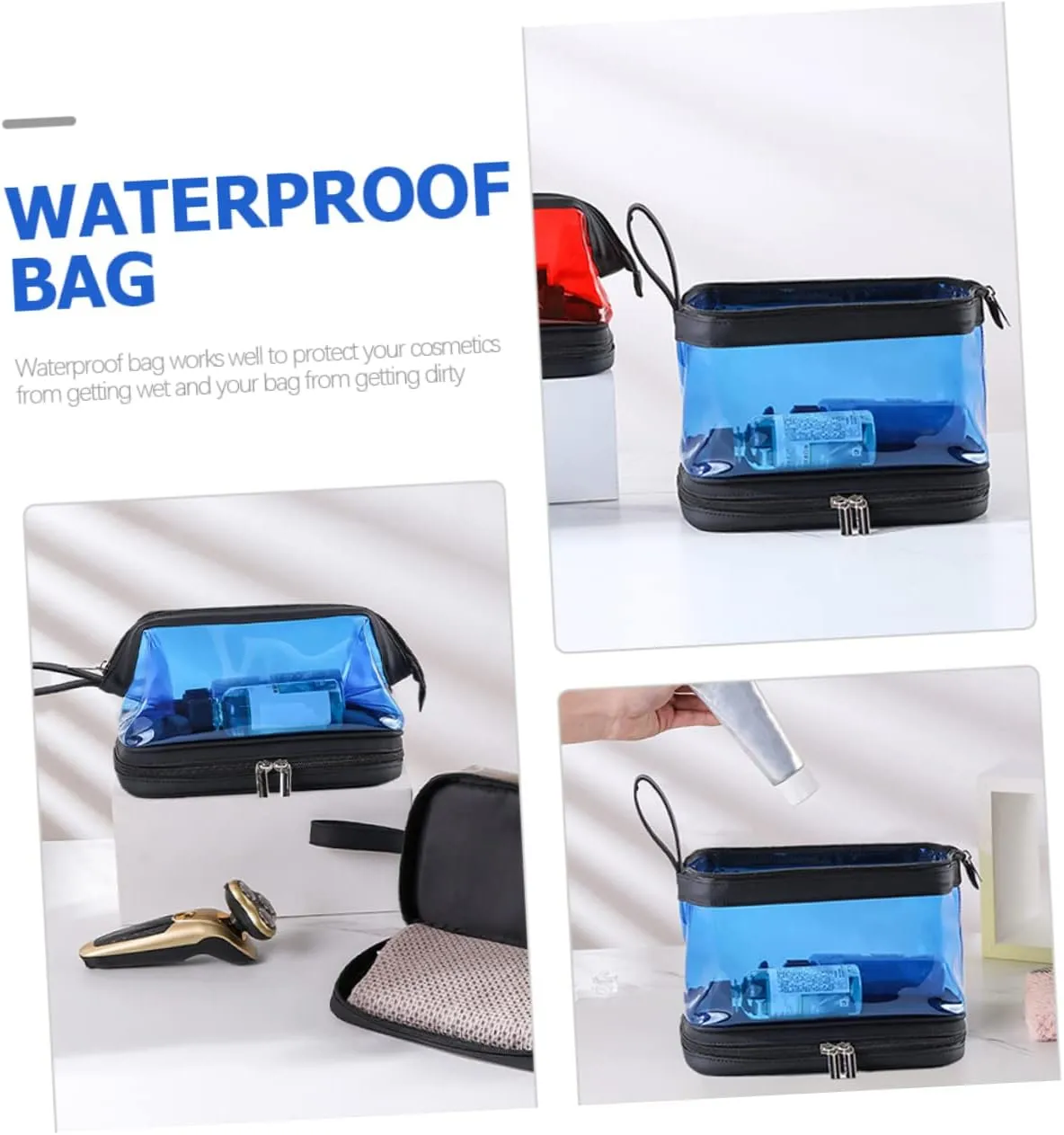 Angoily Transparent Cosmetic Bag Portable Travel Makeup Stand, Blue, 22.5X16.5X12.5CM