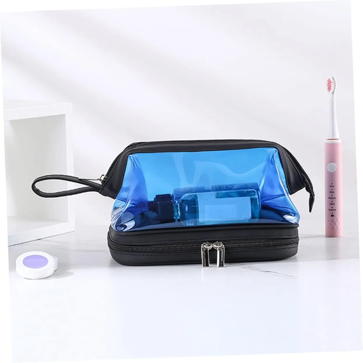 Angoily Transparent Cosmetic Bag Portable Travel Makeup Stand, Blue, 22.5X16.5X12.5CM