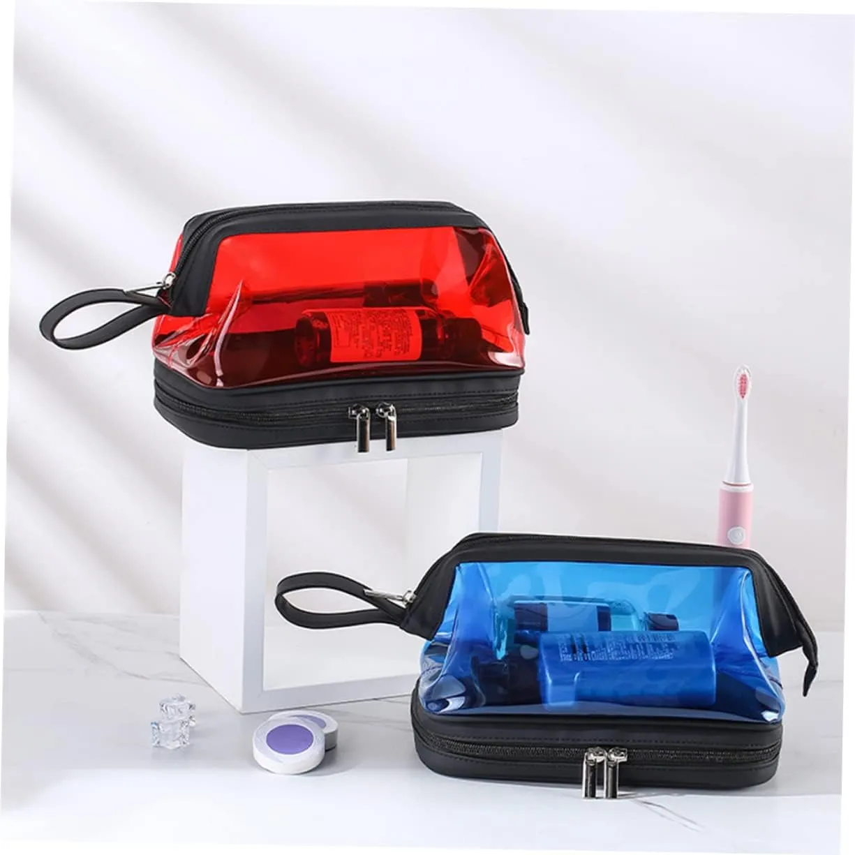 Angoily Transparent Cosmetic Bag Portable Travel Makeup Stand, Blue, 22.5X16.5X12.5CM