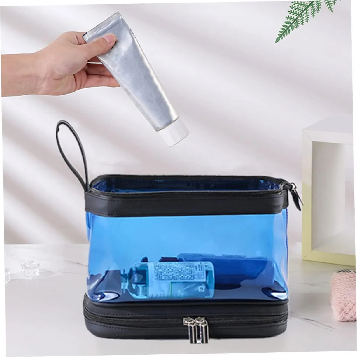 Angoily Transparent Cosmetic Bag Portable Travel Makeup Stand, Blue, 22.5X16.5X12.5CM