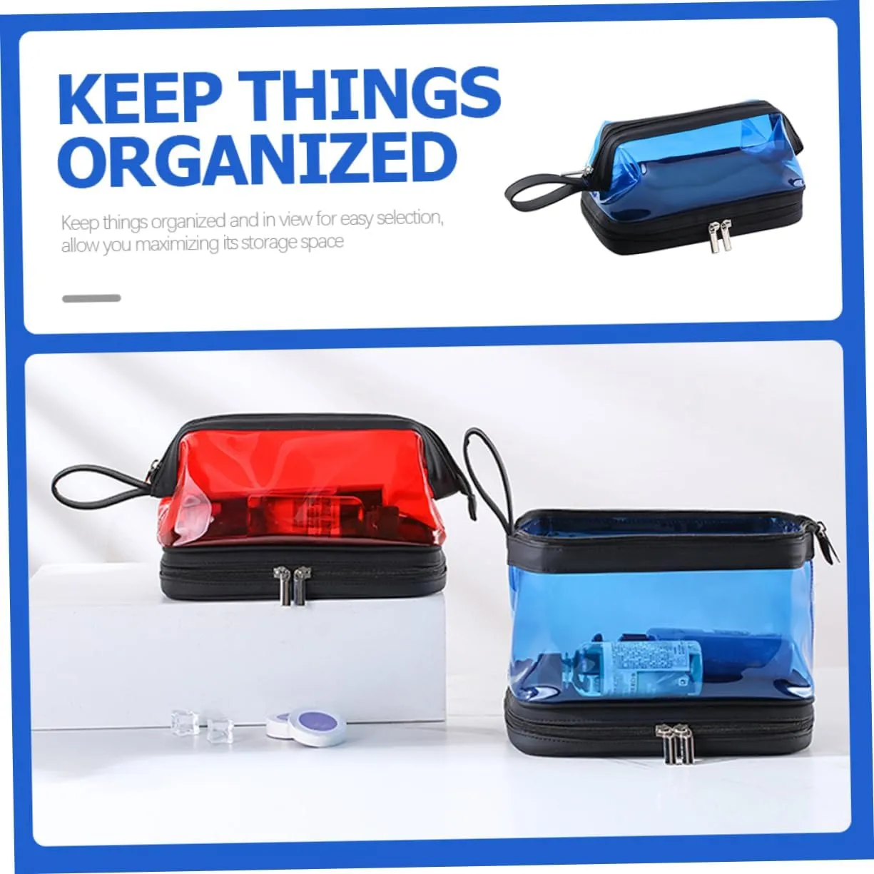 Angoily Transparent Cosmetic Bag Portable Travel Makeup Stand, Blue, 22.5X16.5X12.5CM