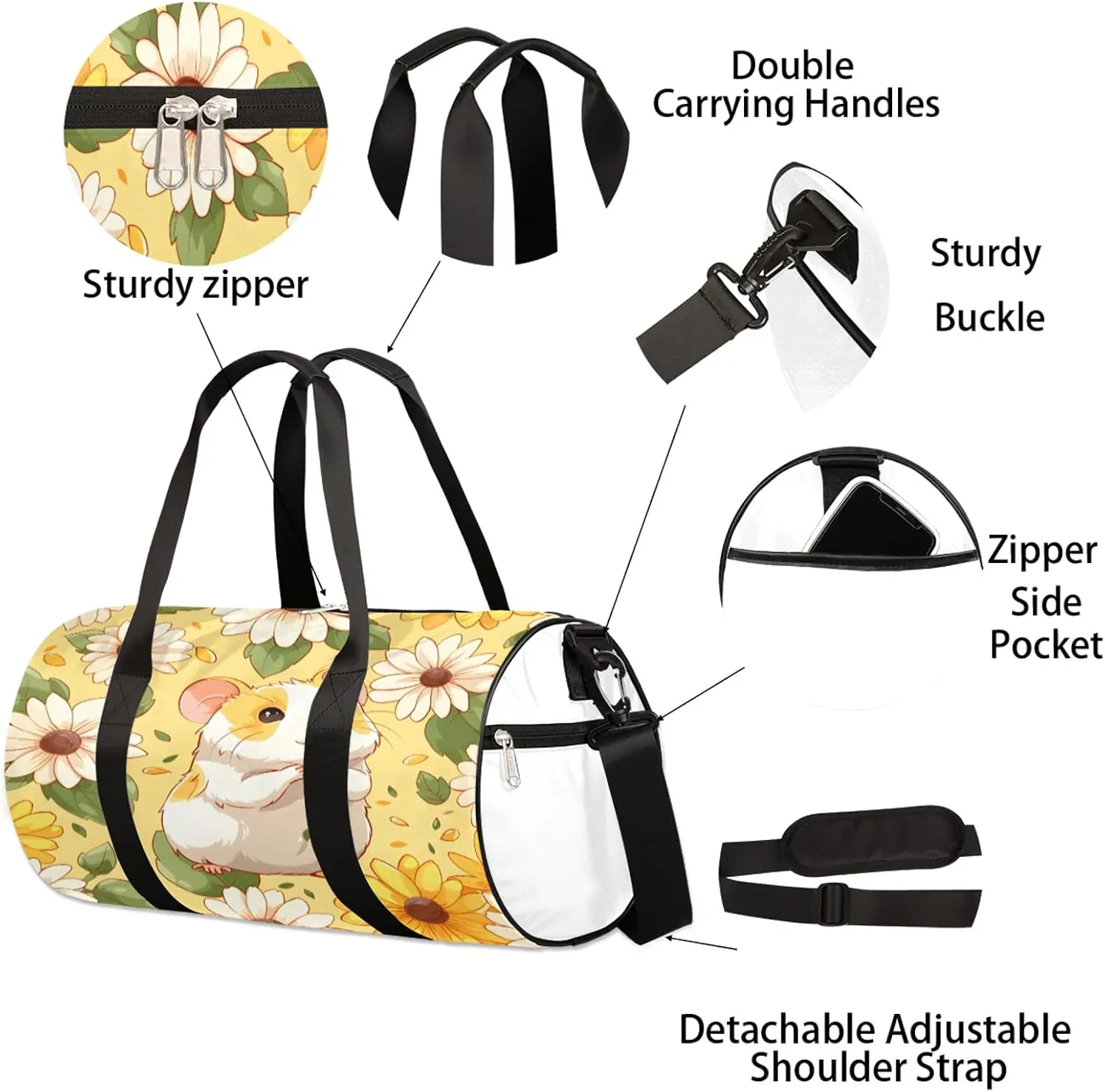 Animal Hamster Flower Sports Gym Bag for Men Women Lightweight Travel Duffle Bag with Shoulder Strap Waterproof Carry On Weekender Overnight Bag for Travel Sports Gym