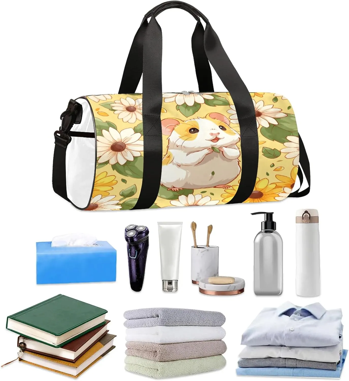 Animal Hamster Flower Sports Gym Bag for Men Women Lightweight Travel Duffle Bag with Shoulder Strap Waterproof Carry On Weekender Overnight Bag for Travel Sports Gym