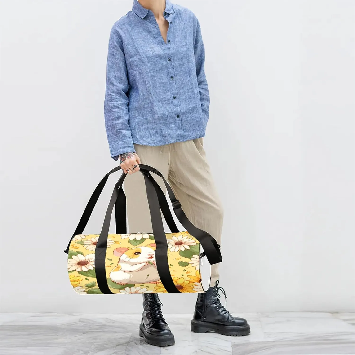 Animal Hamster Flower Sports Gym Bag for Men Women Lightweight Travel Duffle Bag with Shoulder Strap Waterproof Carry On Weekender Overnight Bag for Travel Sports Gym