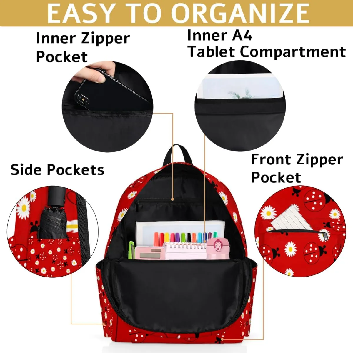 Animal Ladybugs Kids Backpack for Boys Girls Daisy Flower Preschool Toddler Backpack Kindergarten Nursery Bookbag Travel Children Lightweight School Bag
