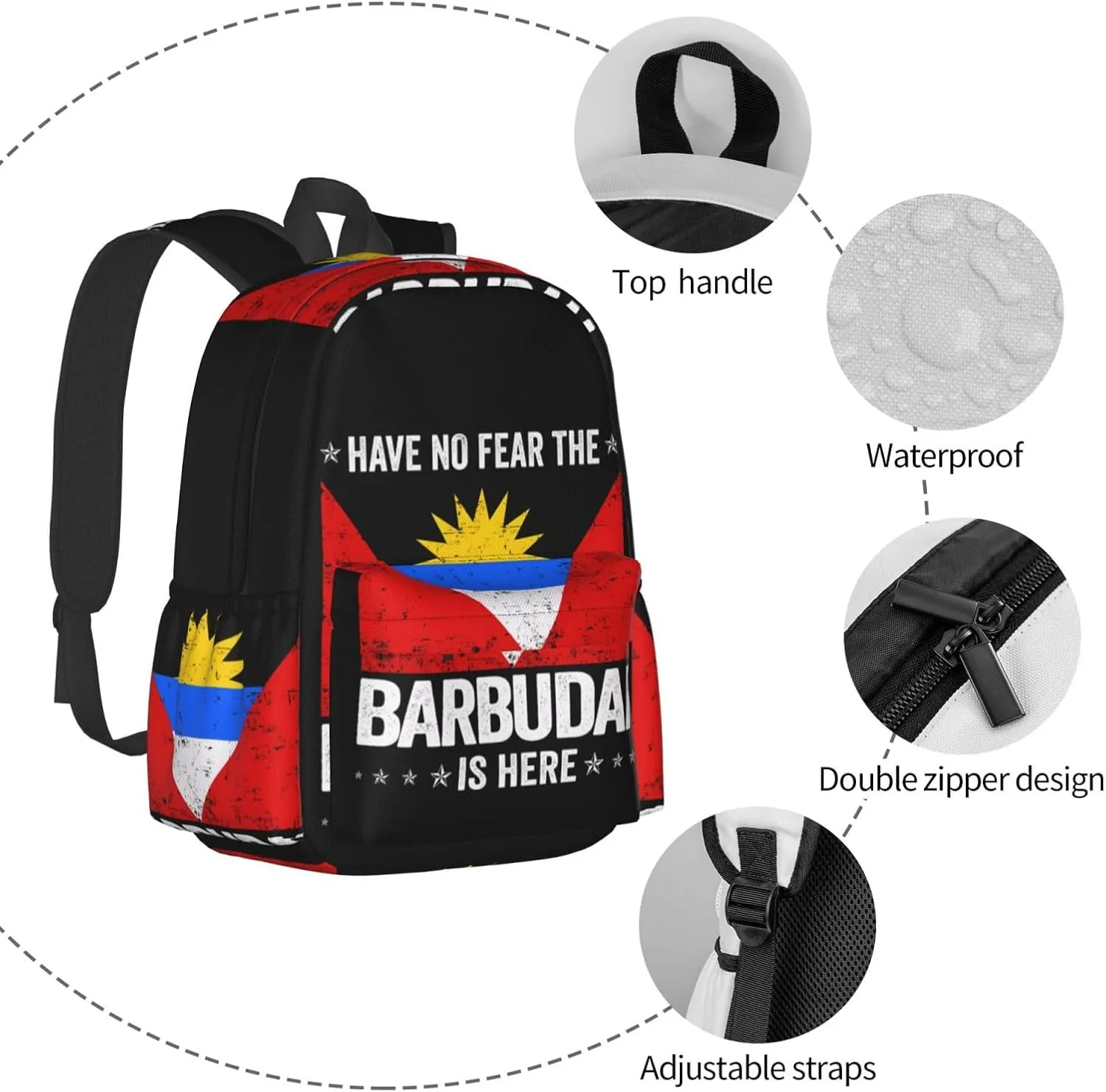 Antigua and Barbuda Flag Barbudan Is Here Backpack Large Capacity Backpack Lightweight Double Shoulder Bag For Women Men Travel