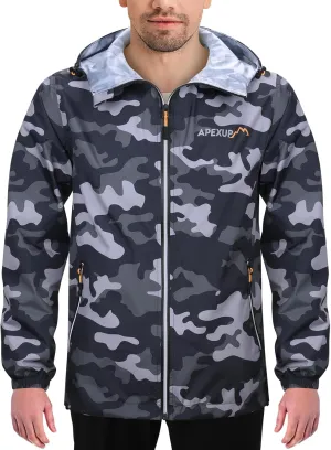 APEXUP Packable Rain Jacket Men with Reflective Zipper, Lightweight Waterproof Raincoat, Mens Rain Jacket for Outdoor Sports