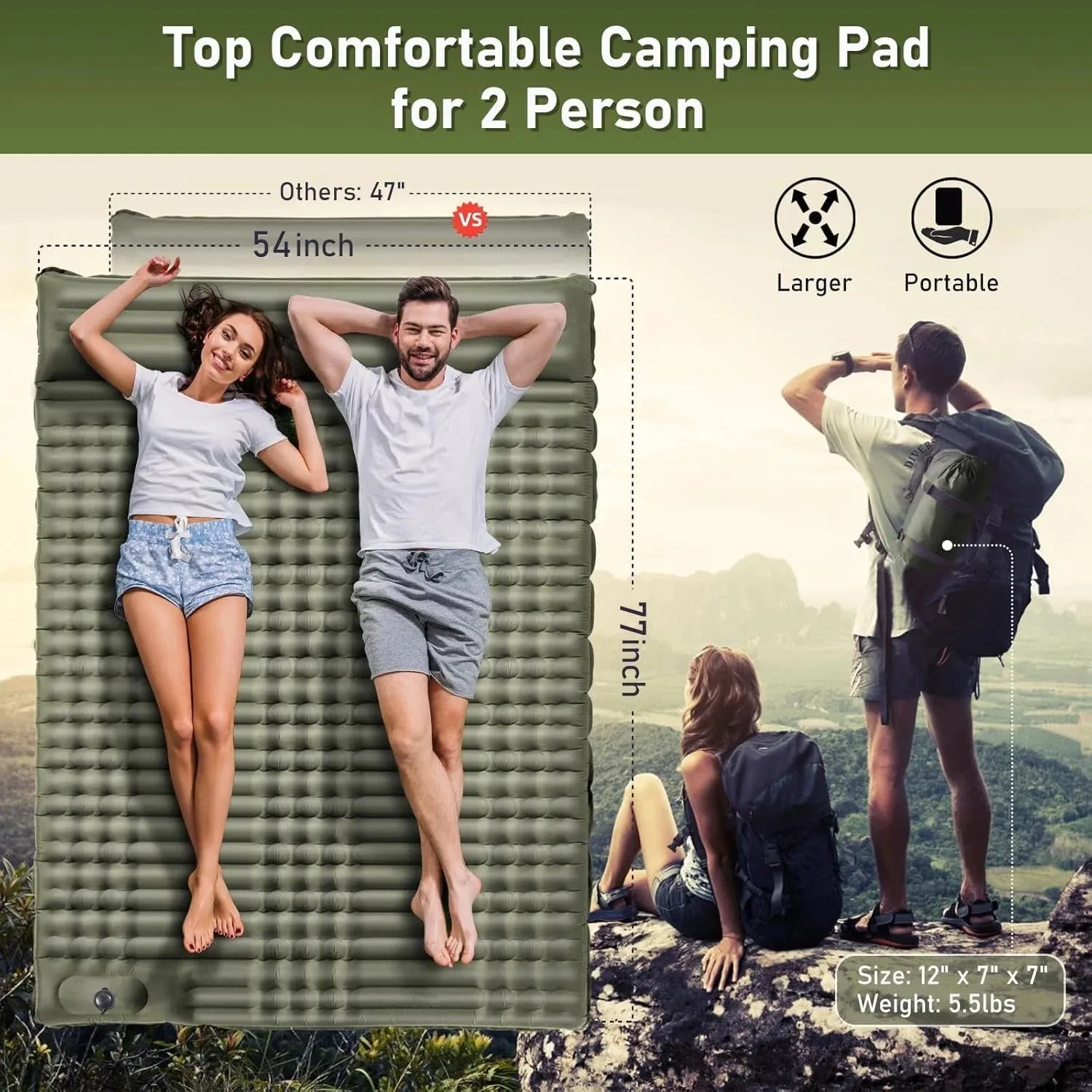 Aship Sleeping Pad for Camping 2 person, 4.7 Extra-Thick Camping Pad with Pillow Built-in Foot Pump Inflatable Sleeping Pad for Backpacking, Hiking, Traveling, Tent Green