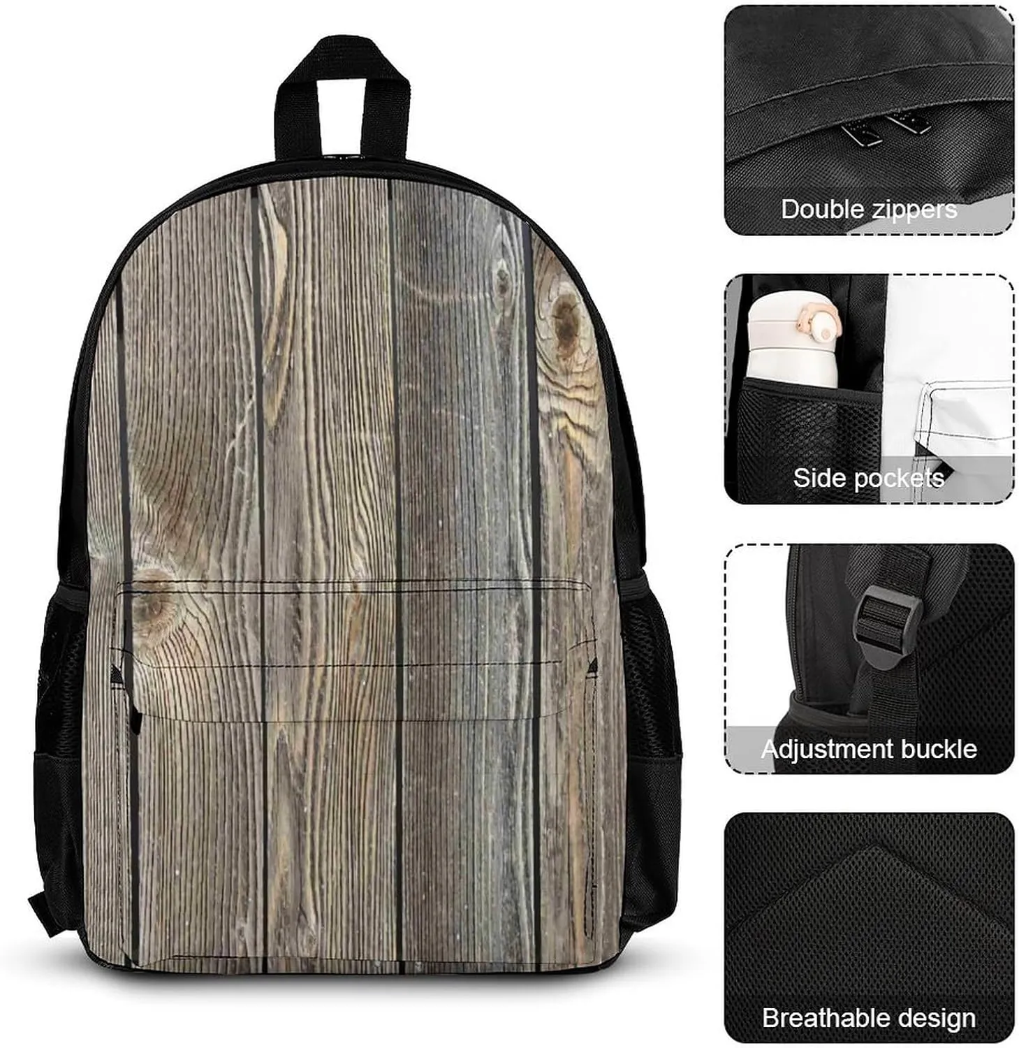 Authentic Looking Wood Lightweight Pocket Backpack Crossbody Lunch Bag Set Unisex
