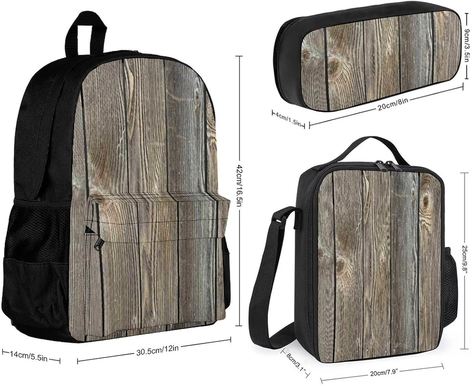 Authentic Looking Wood Lightweight Pocket Backpack Crossbody Lunch Bag Set Unisex
