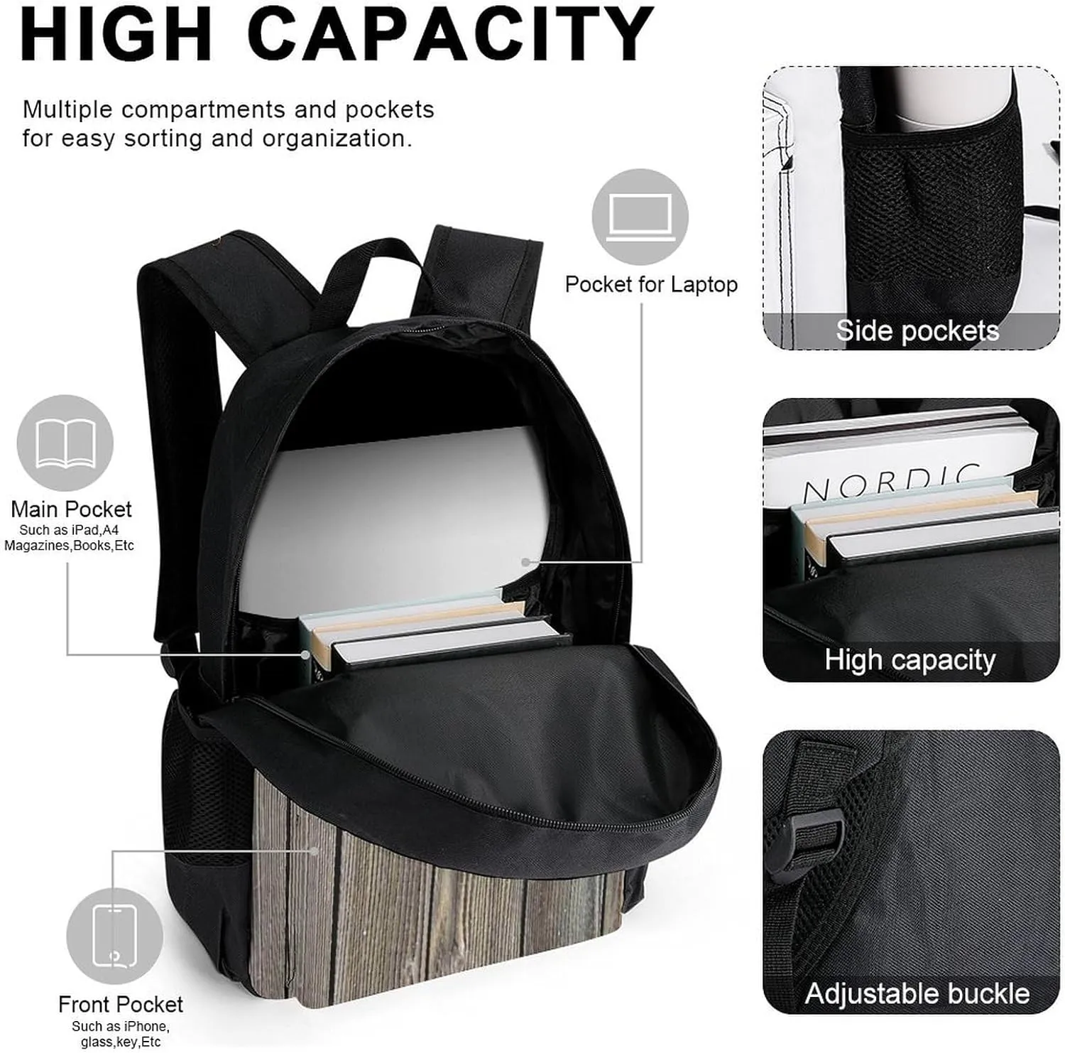 Authentic Looking Wood Lightweight Pocket Backpack Crossbody Lunch Bag Set Unisex