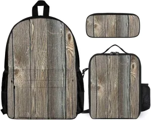 Authentic Looking Wood Lightweight Pocket Backpack Crossbody Lunch Bag Set Unisex