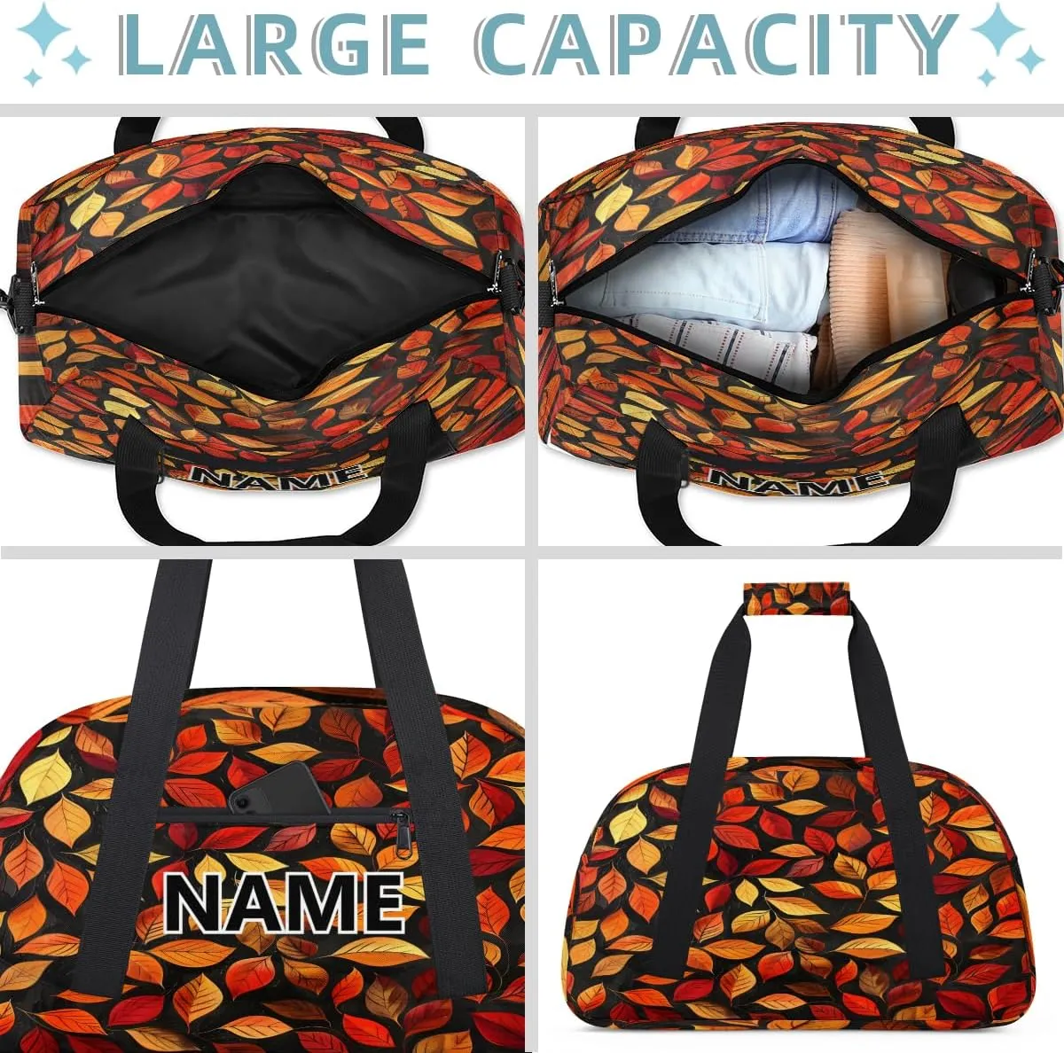 Autumn Orange Leaves Custom Small Gym Bag 18 inch for Women Men Personalized Fall Leaves Carry On Overnight Weekender Bag for Travel Work Dance Sport