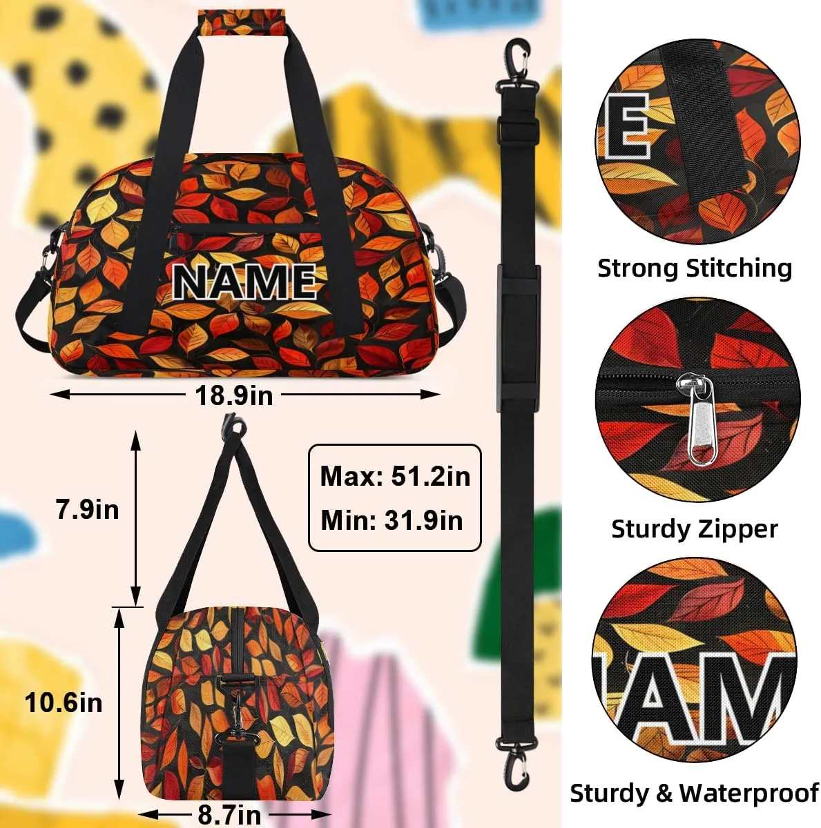 Autumn Orange Leaves Custom Small Gym Bag 18 inch for Women Men Personalized Fall Leaves Carry On Overnight Weekender Bag for Travel Work Dance Sport
