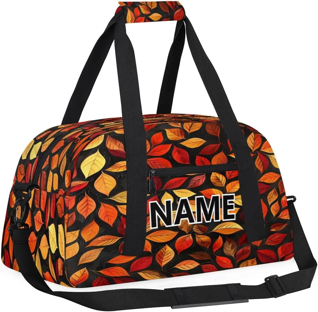 Autumn Orange Leaves Custom Small Gym Bag 18 inch for Women Men Personalized Fall Leaves Carry On Overnight Weekender Bag for Travel Work Dance Sport
