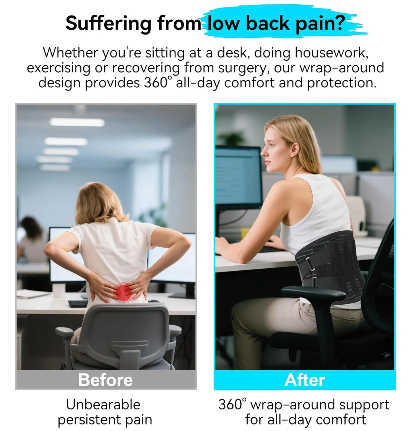 Back Brace for Lower Back Pain Women Men, Back Belt Support with 5 Stays, Breathable Lumbar Support with 3D Lumbar Pad, for Work, Lifting, Herniated Disc, Sciatica (Large)