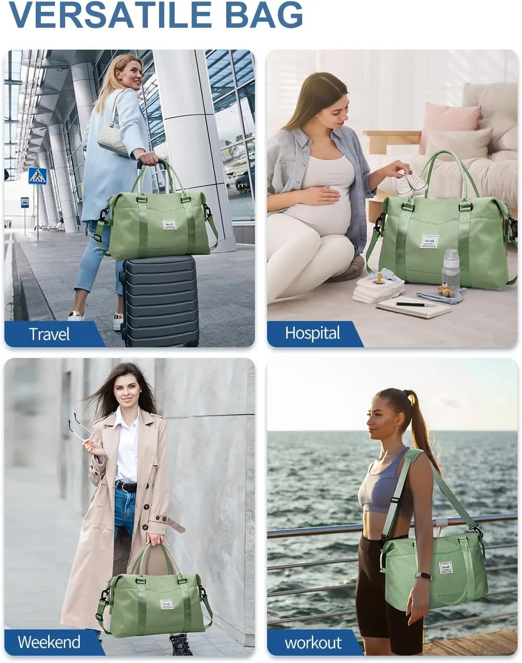 BAGAIL Travel Duffel Bag, Weekender Bags for Women, Overnight Gym Carry On Tote Bag with Wet Pocket, Hospital Mom Bag for Labor and Delivery - Olive Green