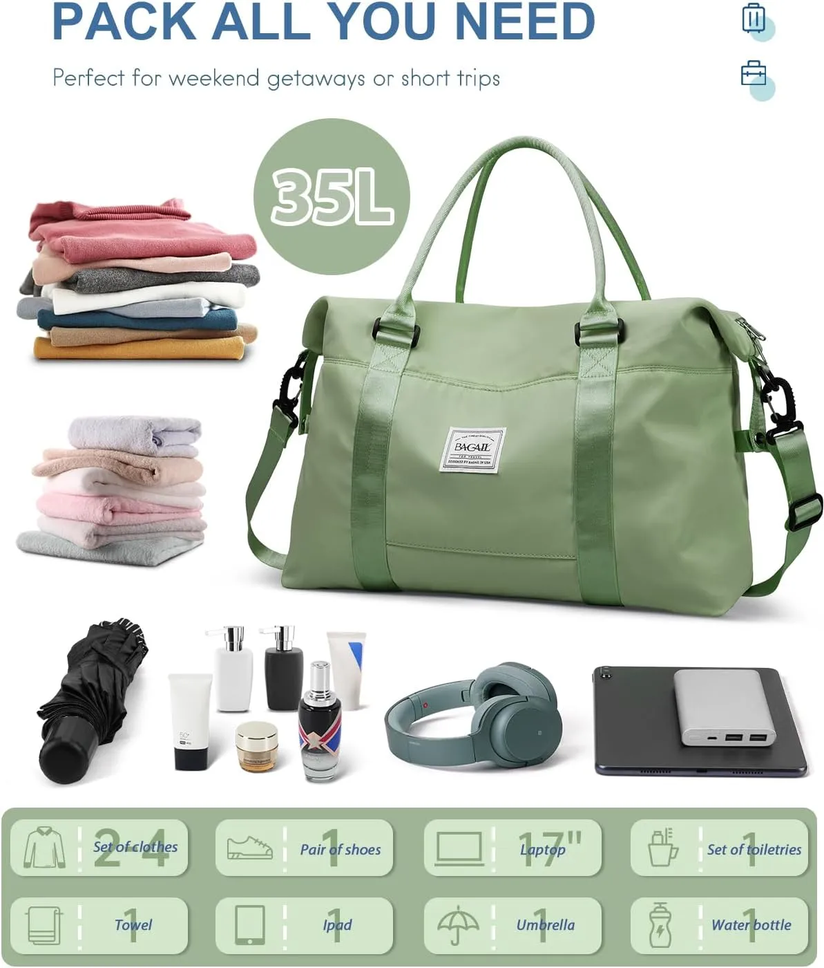 BAGAIL Travel Duffel Bag, Weekender Bags for Women, Overnight Gym Carry On Tote Bag with Wet Pocket, Hospital Mom Bag for Labor and Delivery - Olive Green
