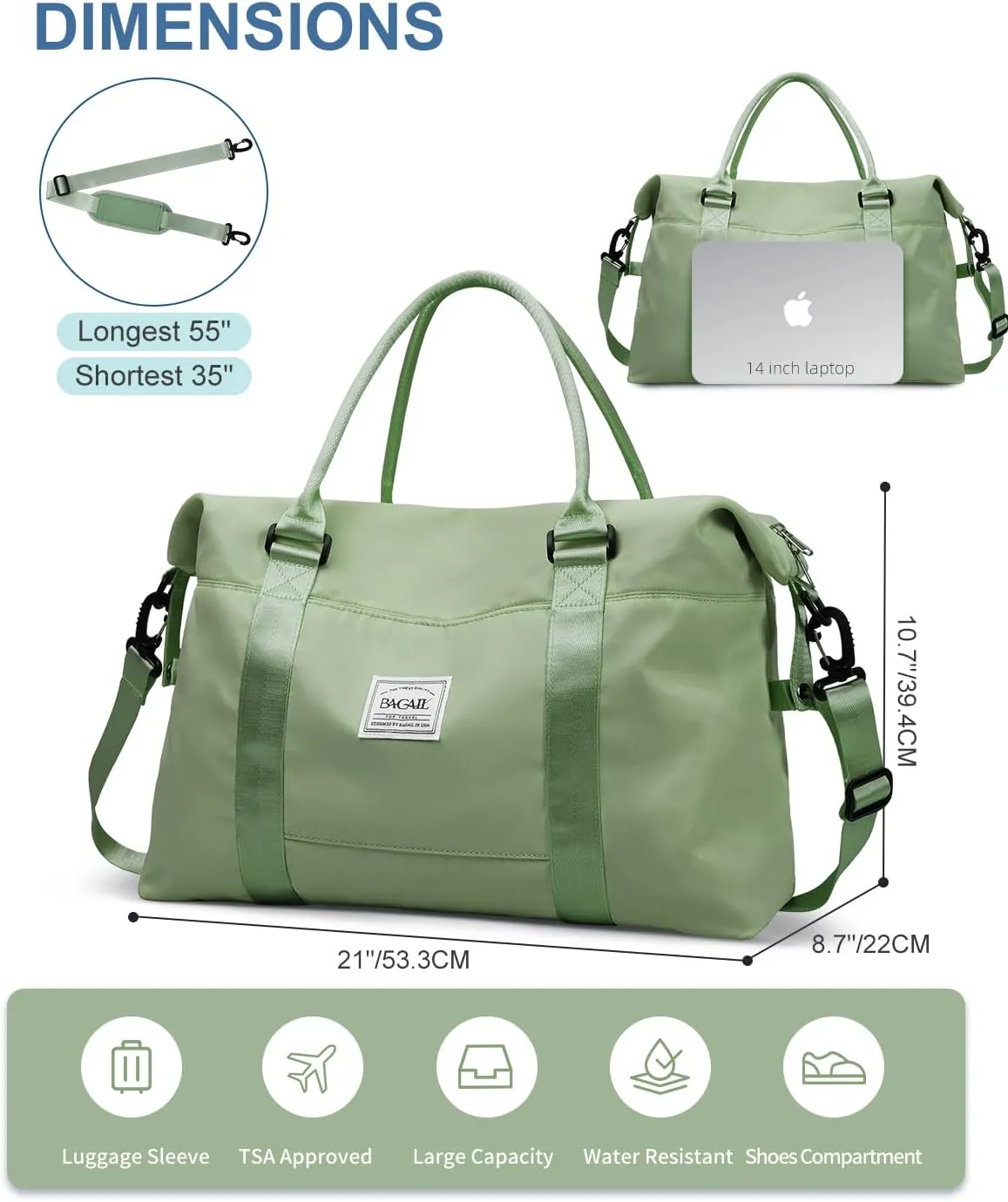 BAGAIL Travel Duffel Bag, Weekender Bags for Women, Overnight Gym Carry On Tote Bag with Wet Pocket, Hospital Mom Bag for Labor and Delivery - Olive Green
