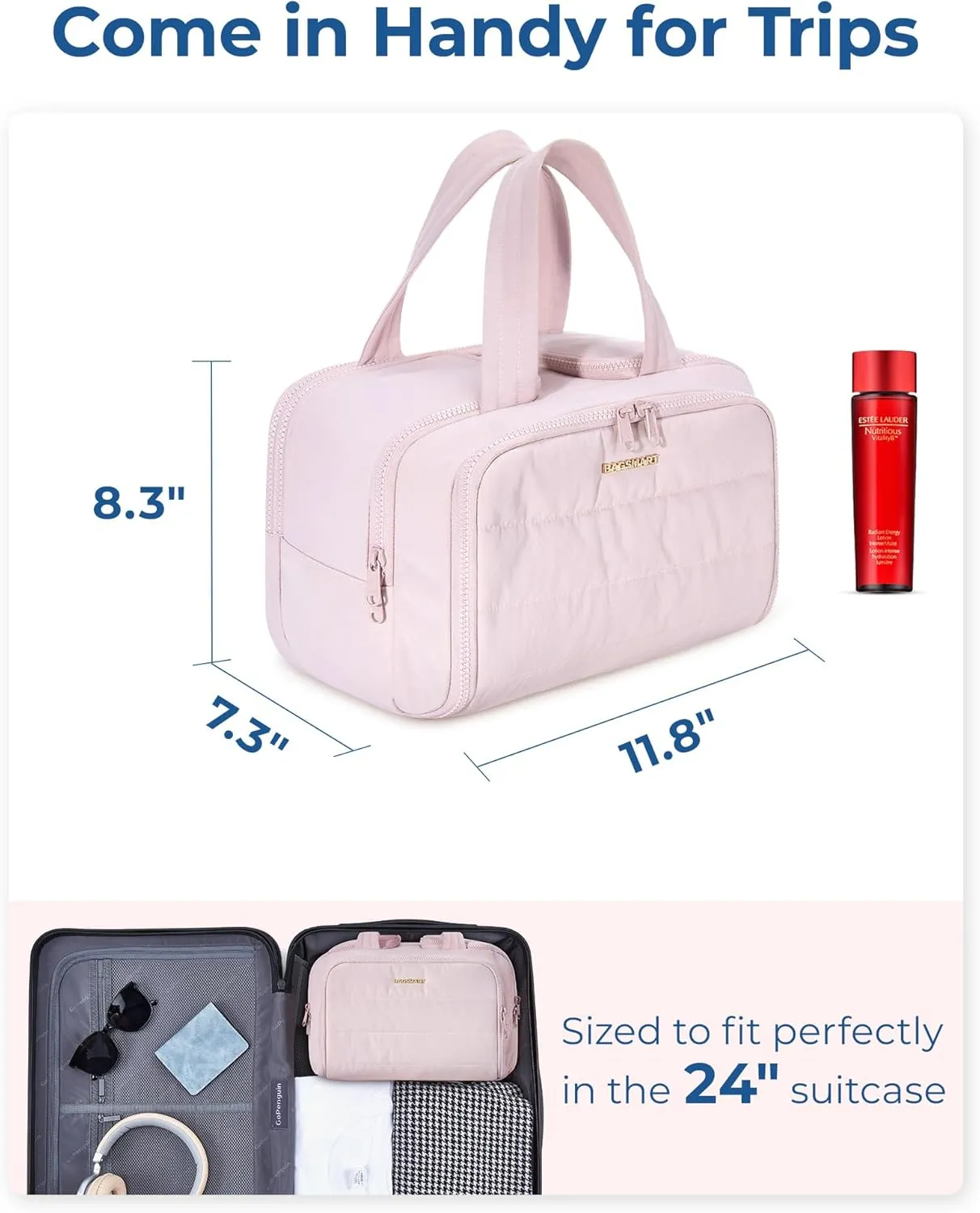 BAGSMART Travel Toiletry Bag, Lightweight Large Wide-open Travel Bag for Women, Puffy Cosmetic Makeup Bag Organizer with Handle for Accessories,Essentials, Toiletries, Pink